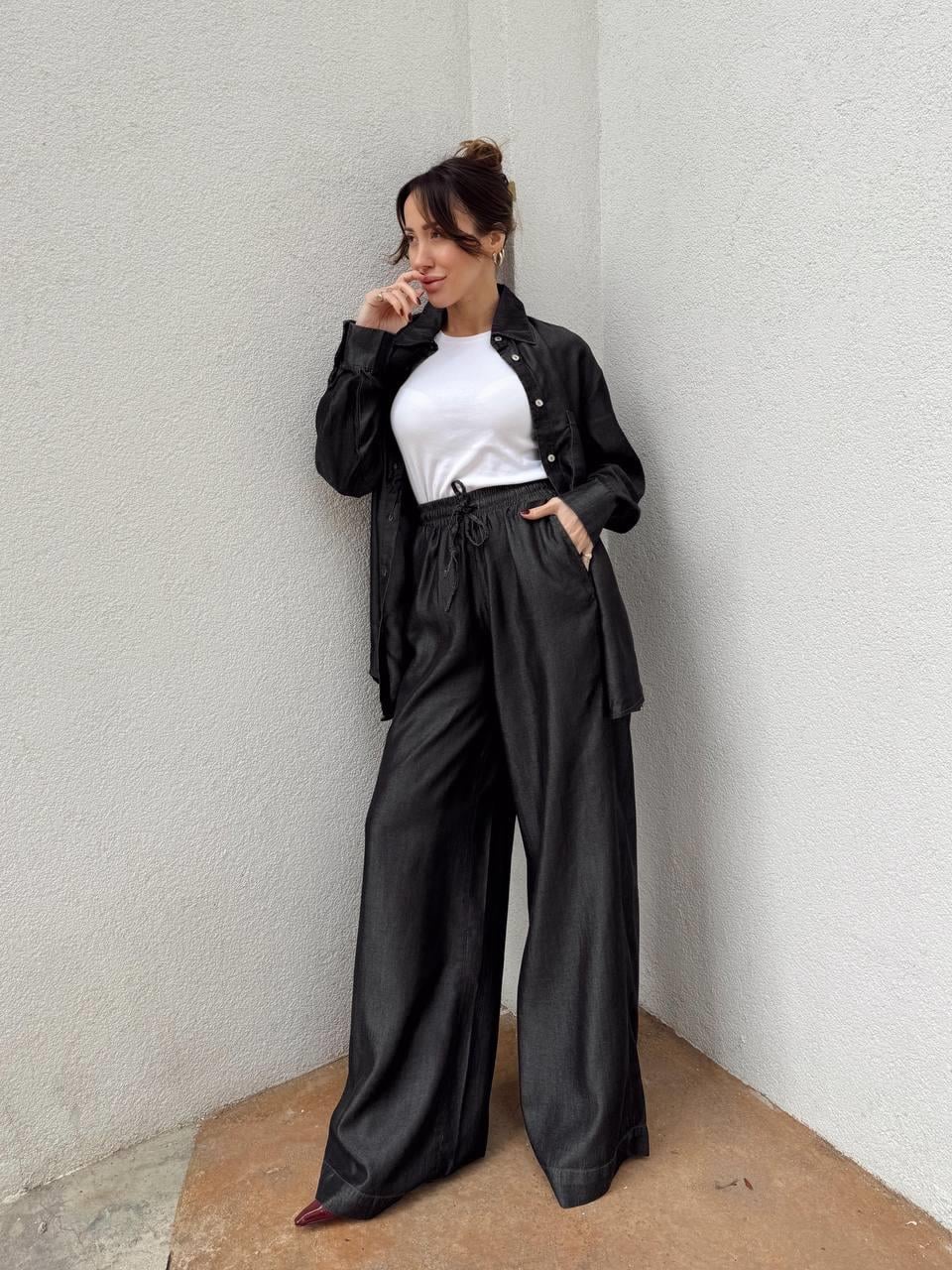 Kadın Antrasit Denim Gömlek Pantalon Takım