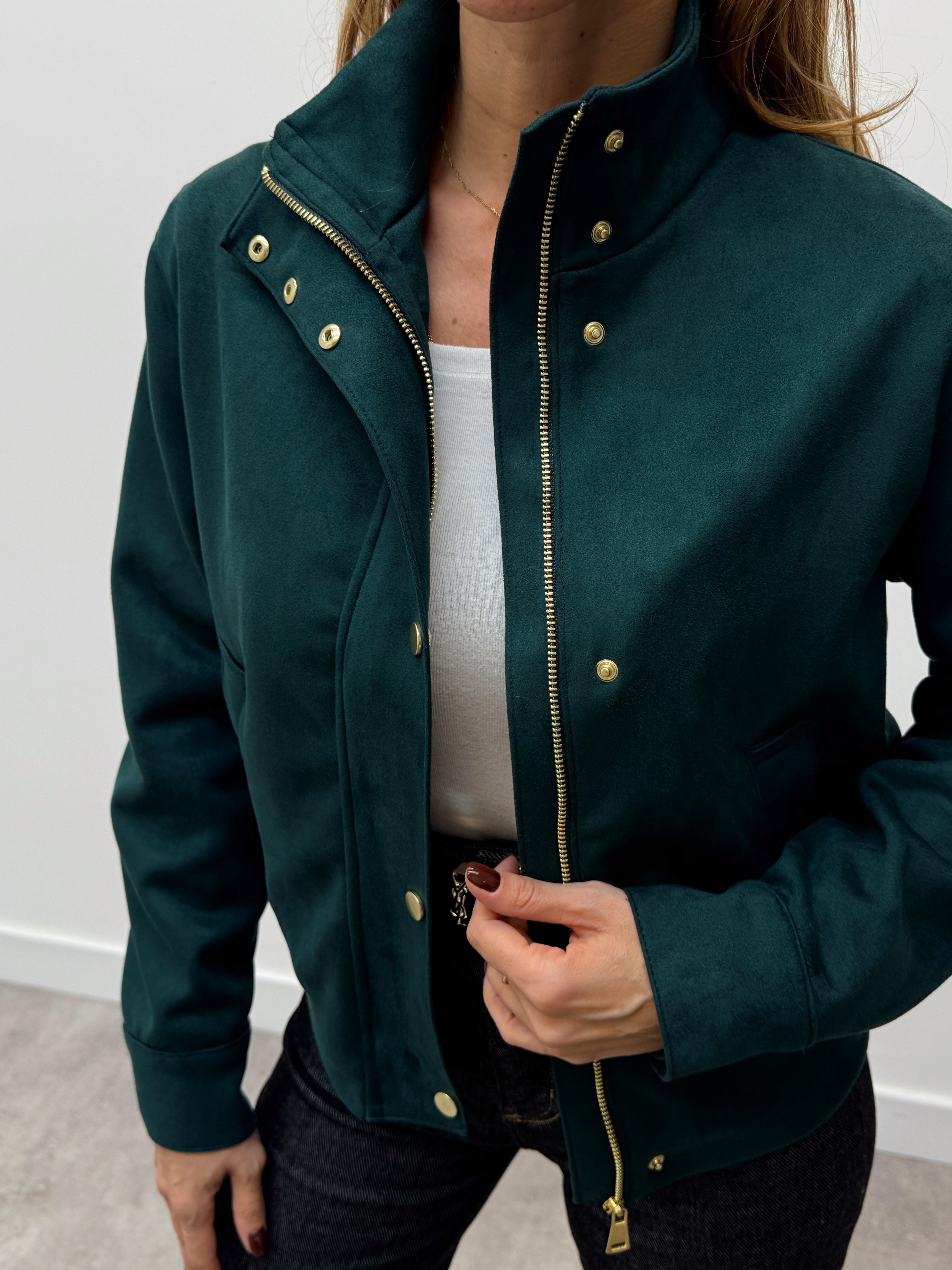 Kadın Balıkçı Yaka Süet Kumaş Bomber Yeşil Ceket 