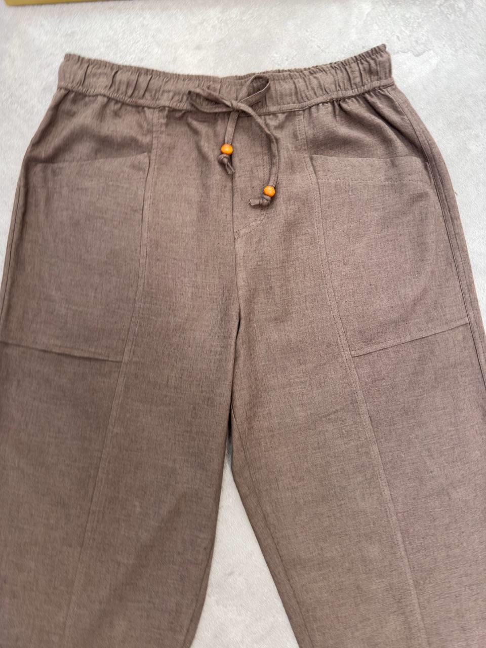 Kadın Bel Lastikli Ege Kahve Oversize Keten Pantolon
