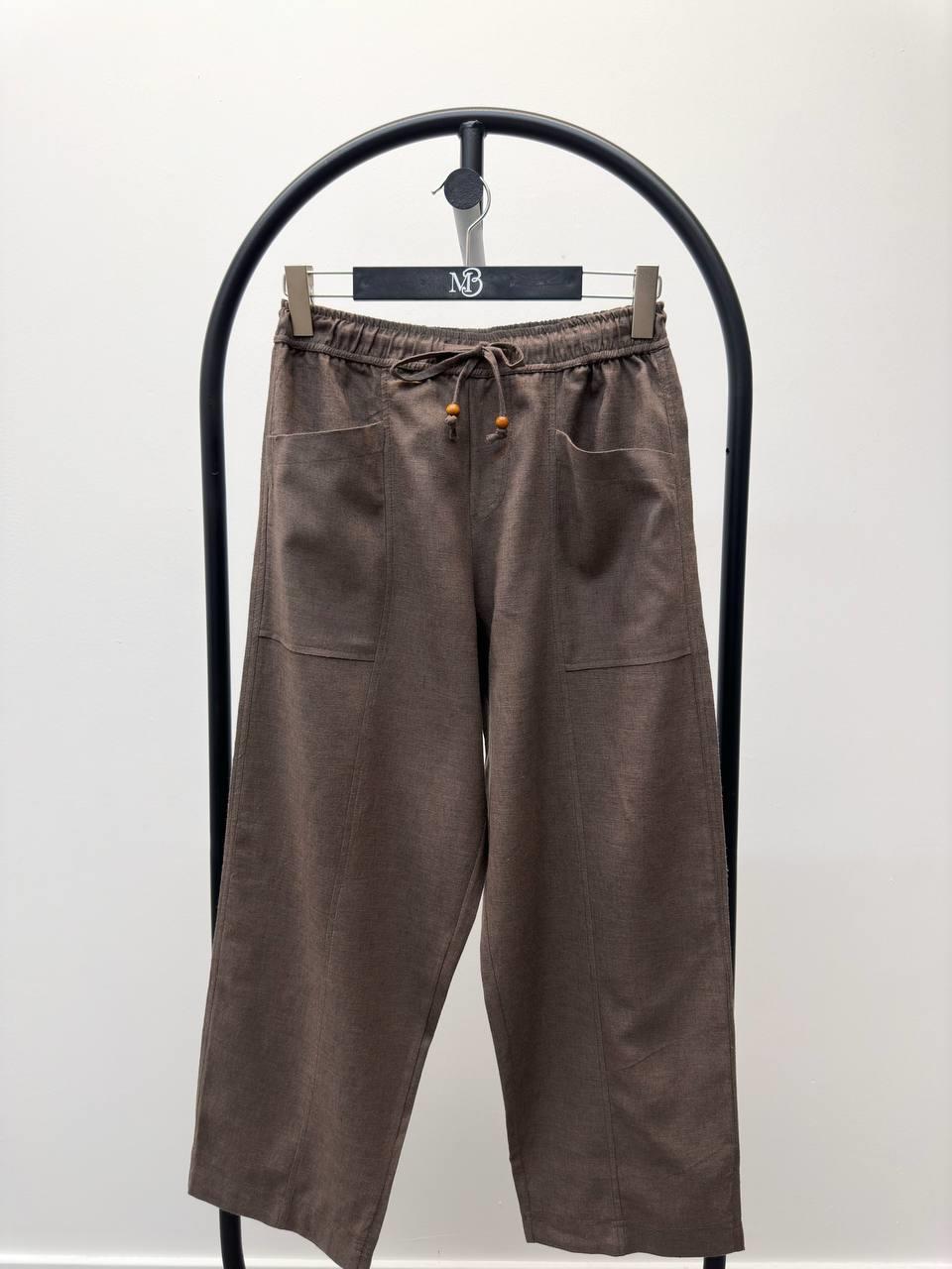 Kadın Bel Lastikli Ege Kahve Oversize Keten Pantolon
