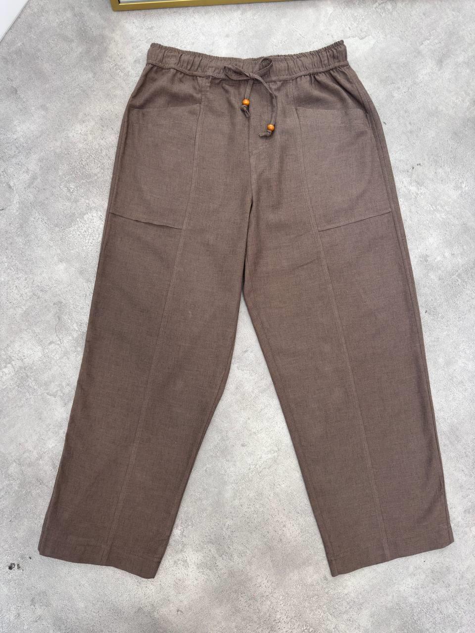 Kadın Bel Lastikli Ege Kahve Oversize Keten Pantolon