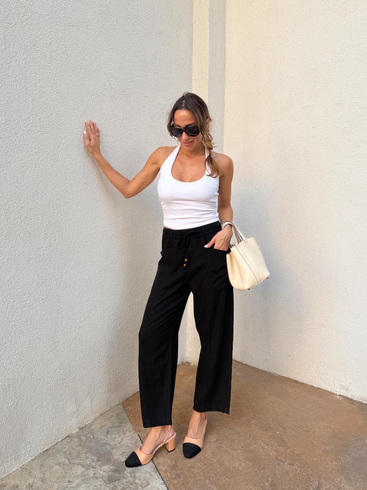 Kadın Bel Lastikli Ege Siyah Oversize Keten Pantolon