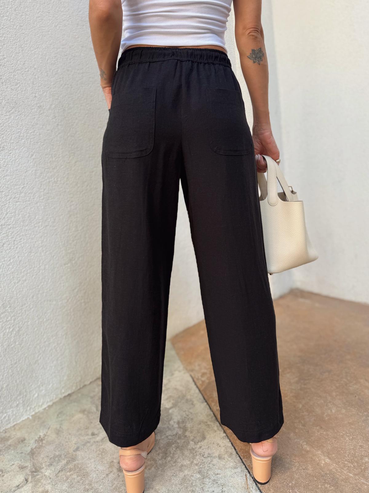 Kadın Bel Lastikli Ege Siyah Oversize Keten Pantolon