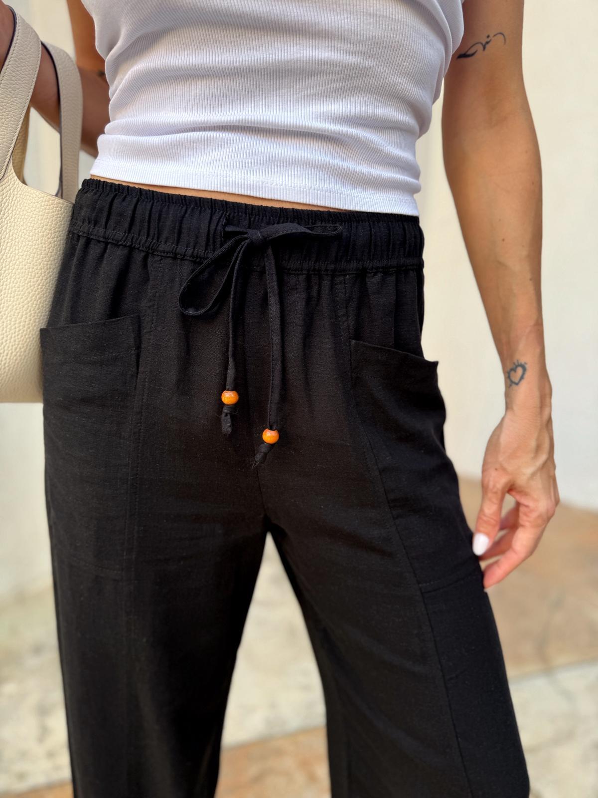 Kadın Bel Lastikli Ege Siyah Oversize Keten Pantolon