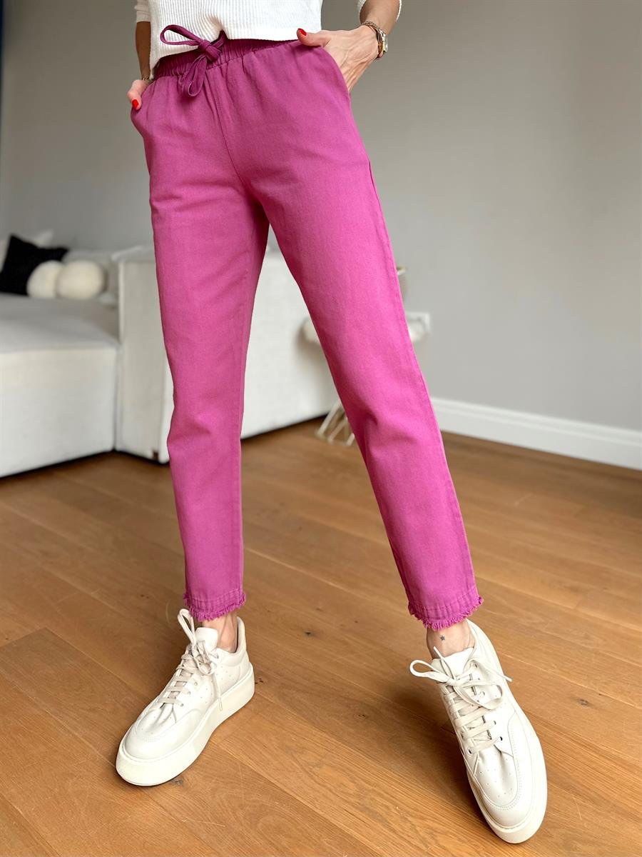 Kadın Beli Lastikli Paçası Püskül Detay Parça Boya Gabardin Fuşya Pantolon