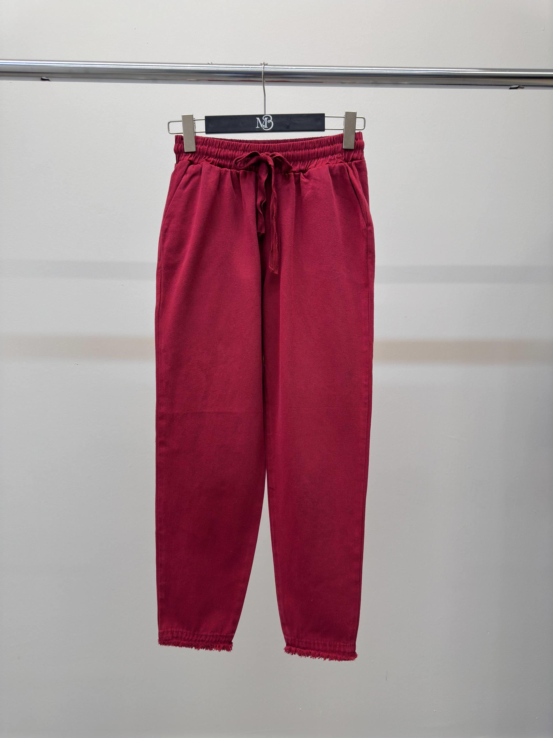 Kadın Beli Lastikli Paçası Püskül Detay Parça Boya Gabardin Bordo Pantolon