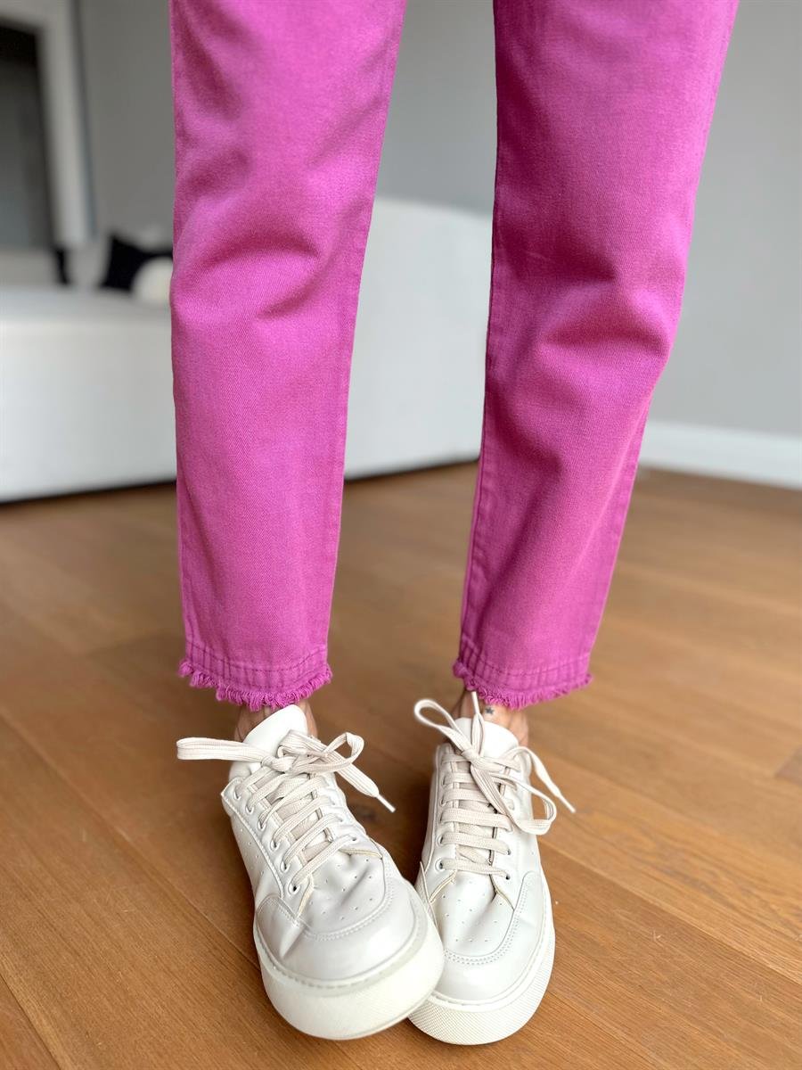Kadın Beli Lastikli Paçası Püskül Detay Parça Boya Gabardin Fuşya Pantolon
