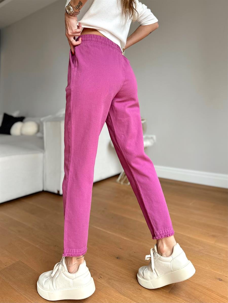 Kadın Beli Lastikli Paçası Püskül Detay Parça Boya Gabardin Fuşya Pantolon