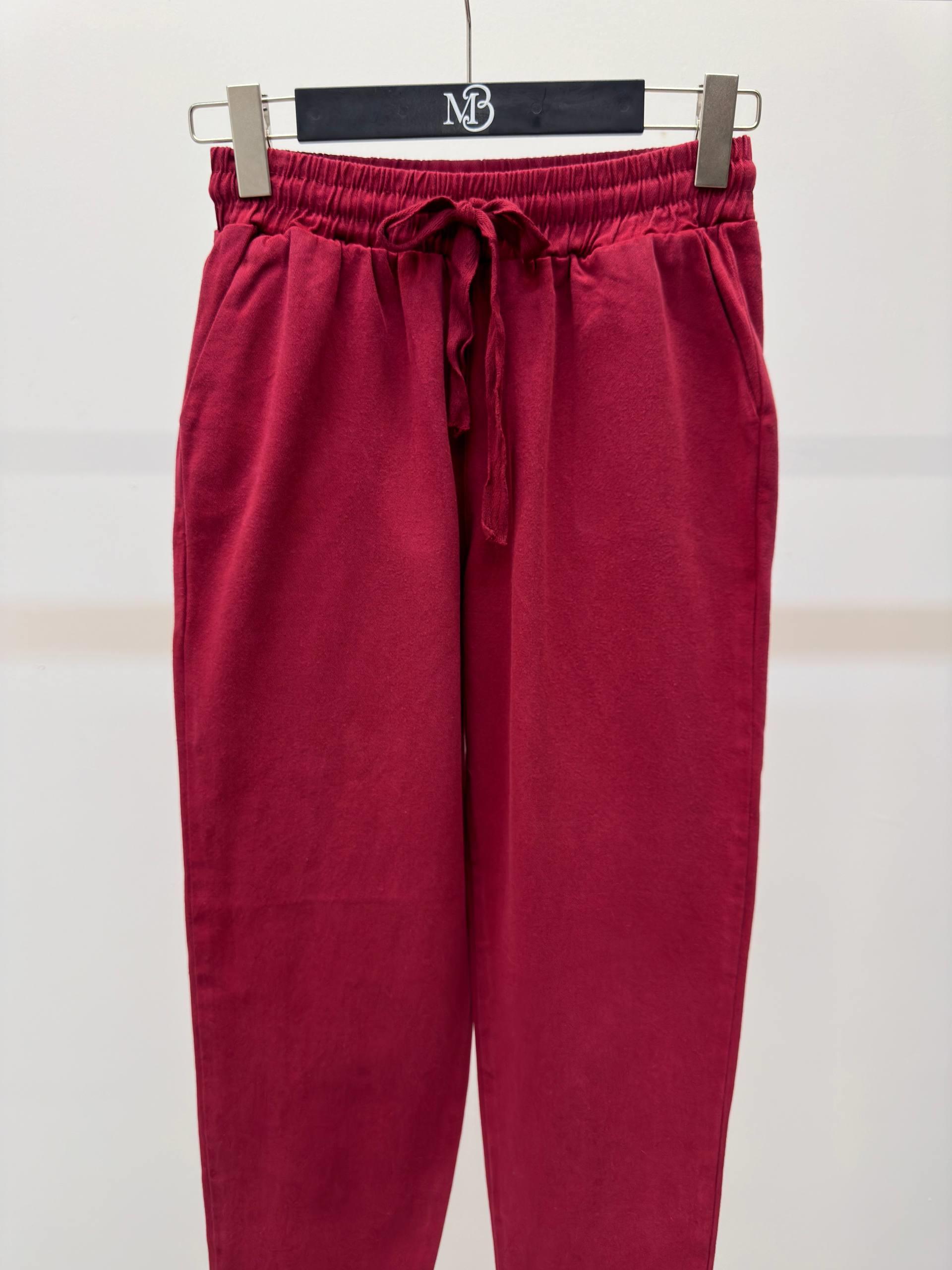 Kadın Beli Lastikli Paçası Püskül Detay Parça Boya Gabardin Bordo Pantolon