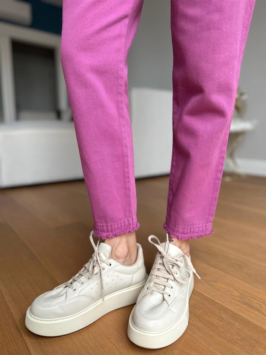 Kadın Beli Lastikli Paçası Püskül Detay Parça Boya Gabardin Fuşya Pantolon