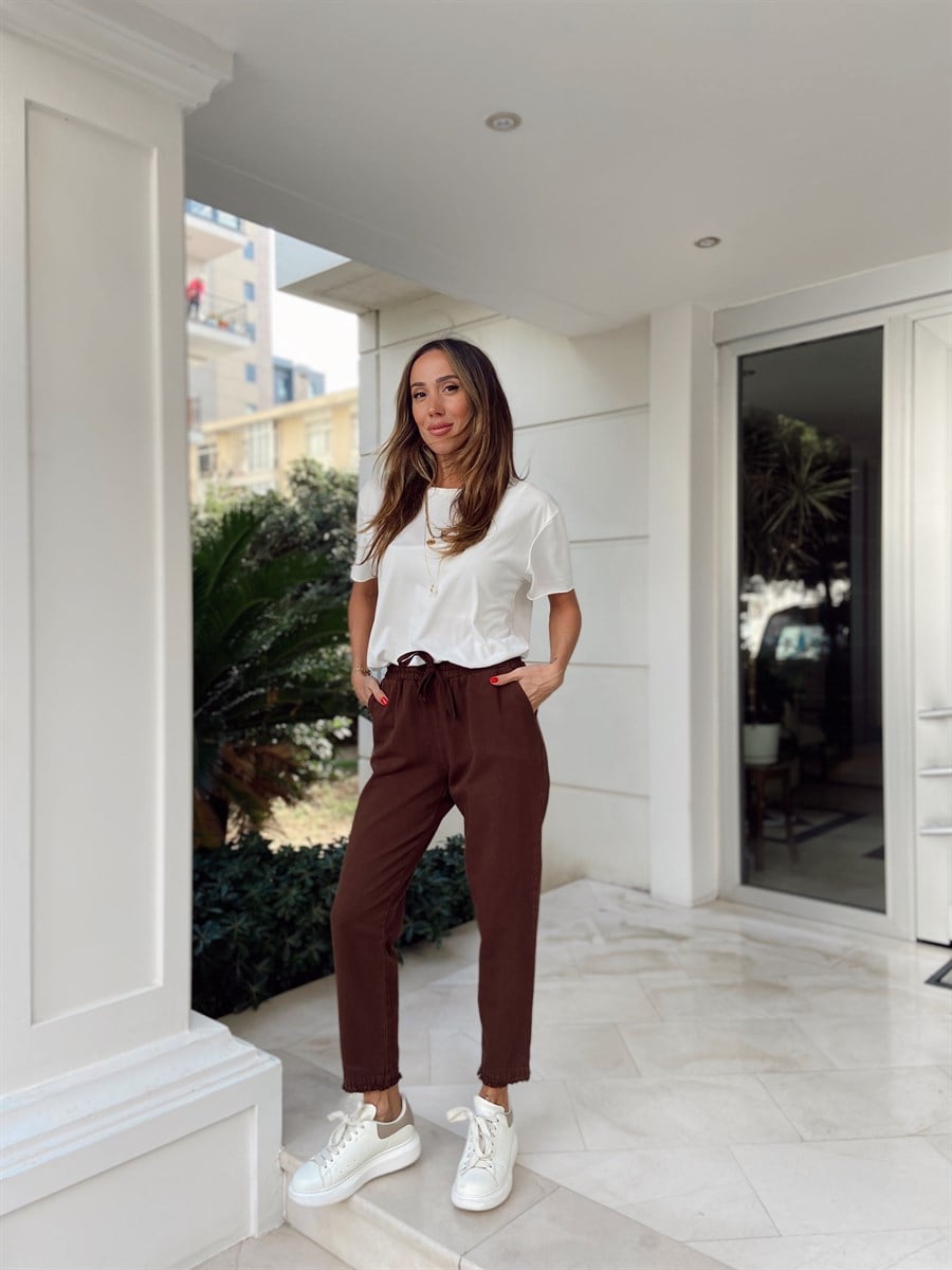Kadın Beli Lastikli Paçası Püskül Detay Parça Boya Gabardin Kahve Pantolon