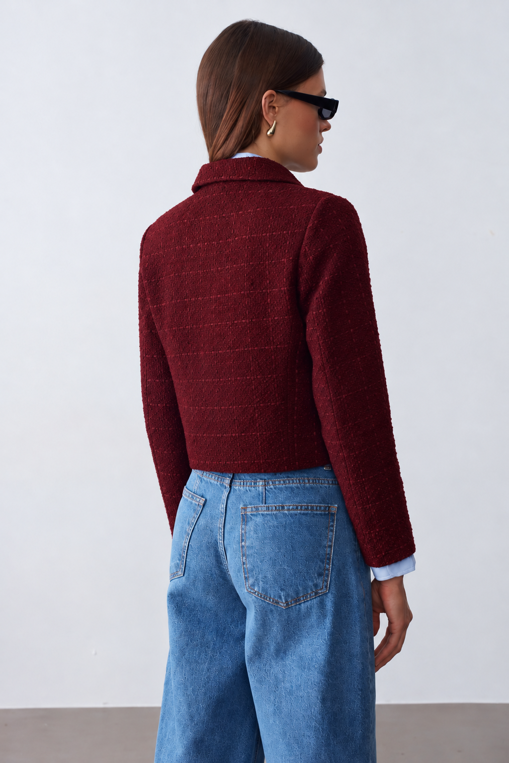 Kadın Dore Düğmeli Blazer Bordo Tüvit  Ceket
