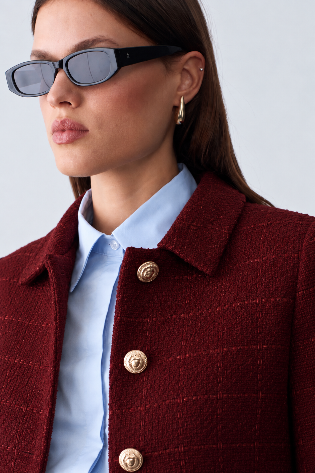 Kadın Dore Düğmeli Blazer Bordo Tüvit  Ceket