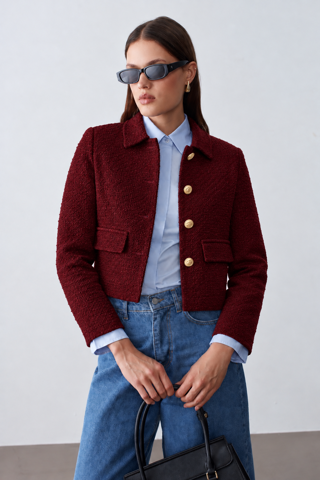Kadın Dore Düğmeli Blazer Bordo Tüvit  Ceket