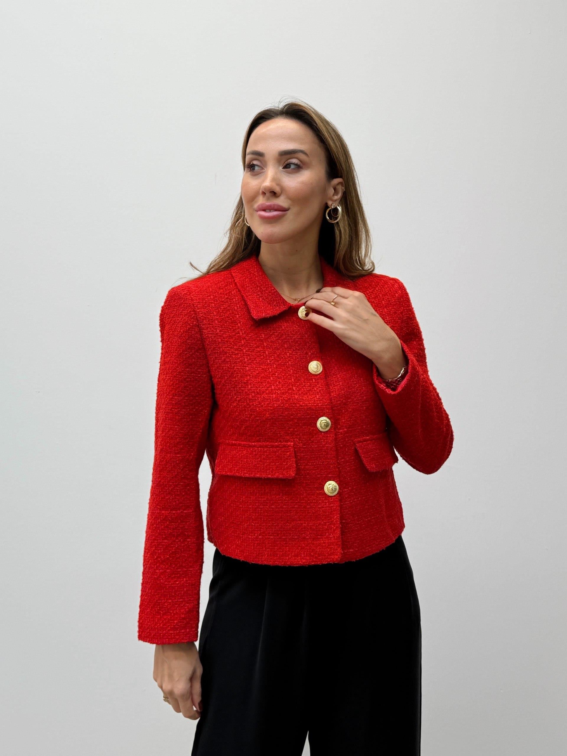 Kadın Dore Düğmeli Blazer Kırmızı Tüvit  Ceket