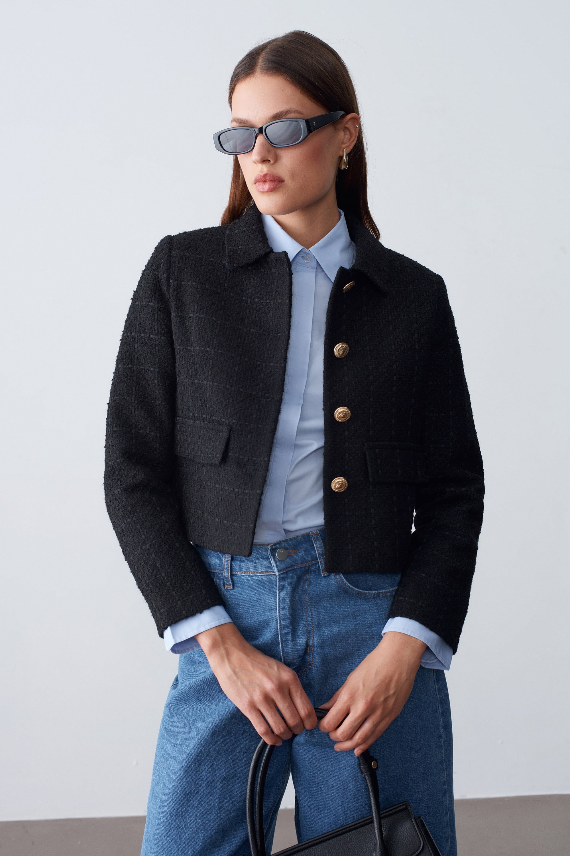 Kadın Dore Düğmeli Blazer Siyah Tüvit Ceket