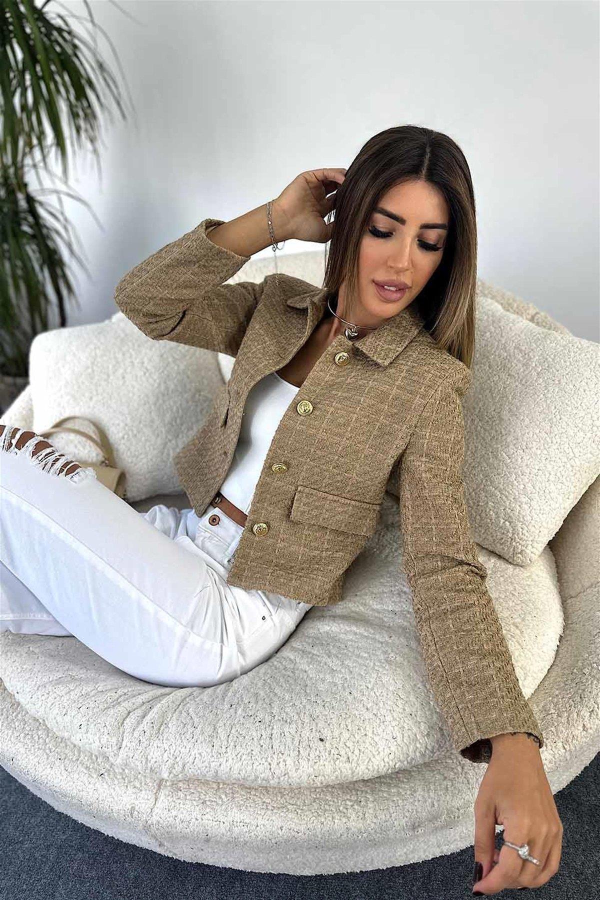 Kadın Dore Düğmeli Blazer Vizon Tüvit  Ceket