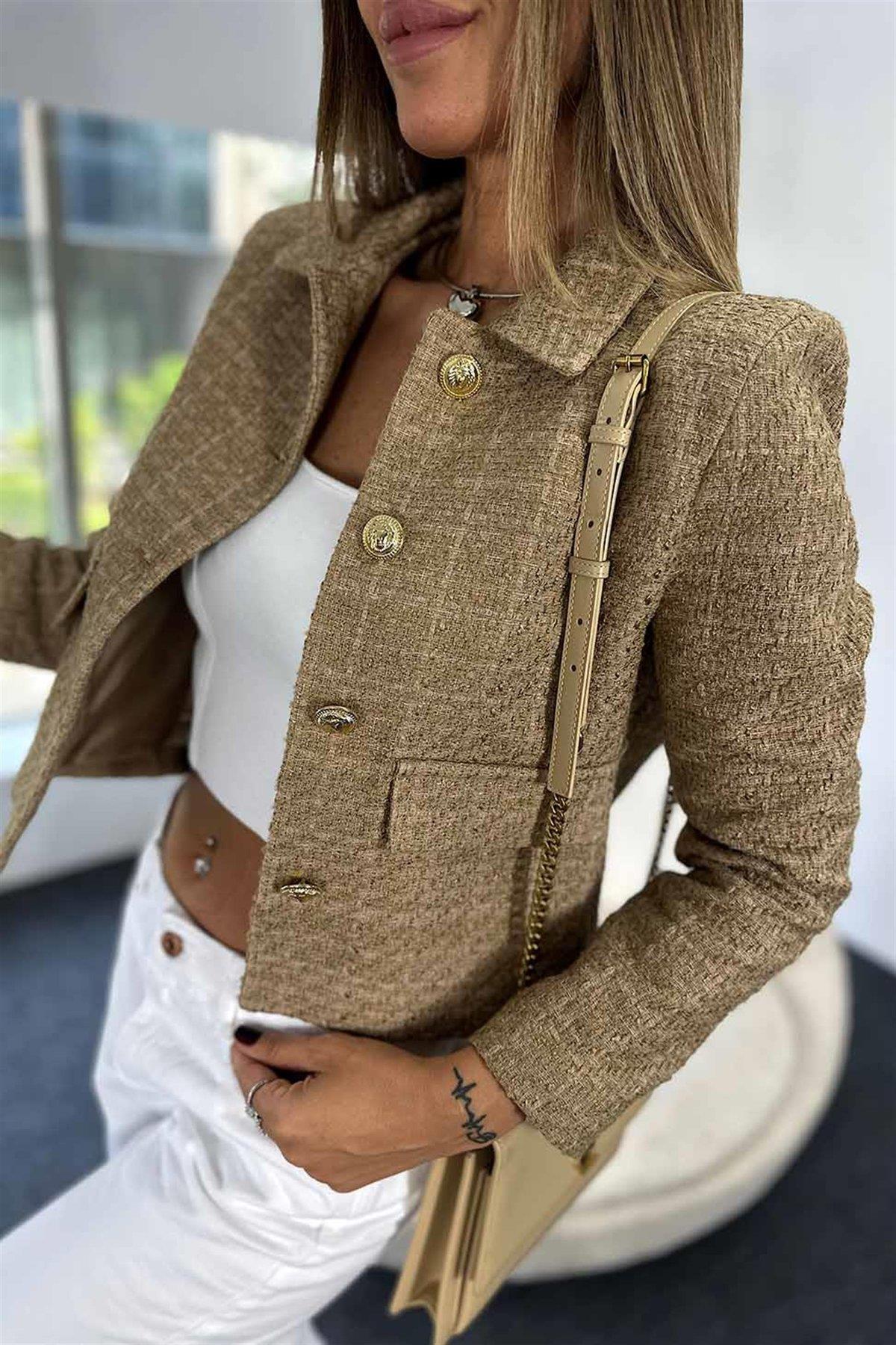 Kadın Dore Düğmeli Blazer Vizon Tüvit  Ceket