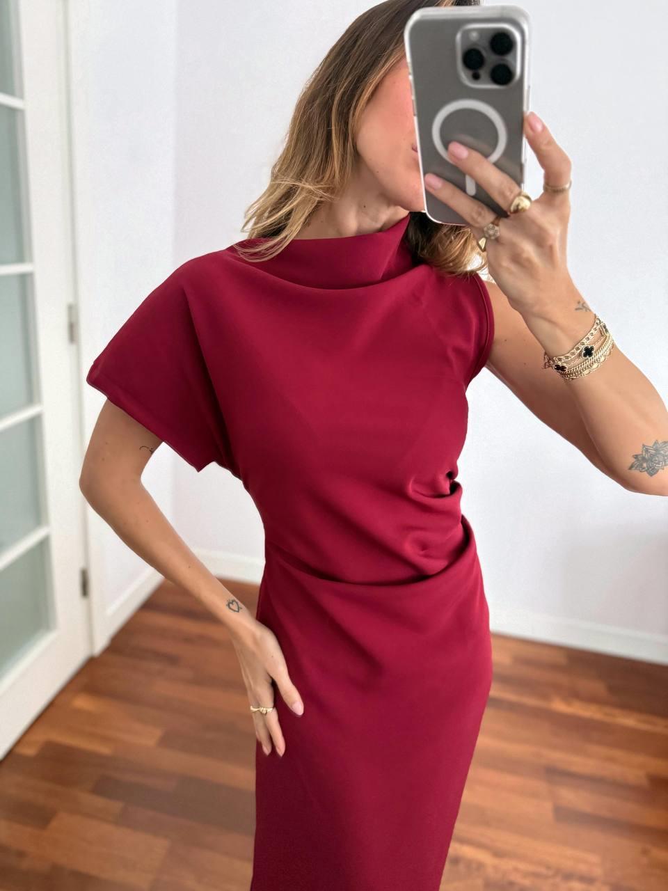 Kadın Double Kumaş Yırtmaçlı Bordo Elbise 7525
