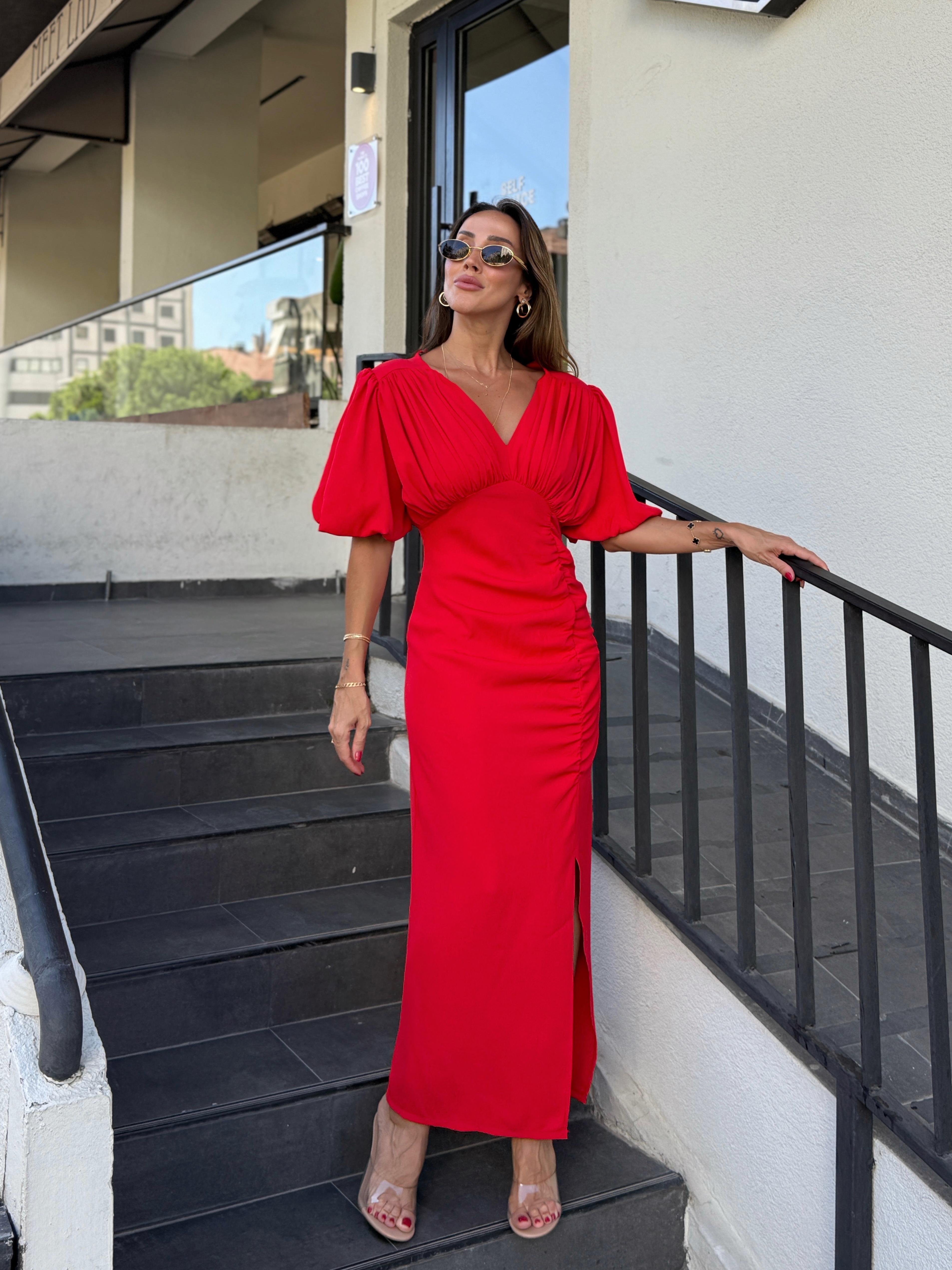 Kadın Drapeli Yırtmaçlı Balon Kol Kırmızı Elbise