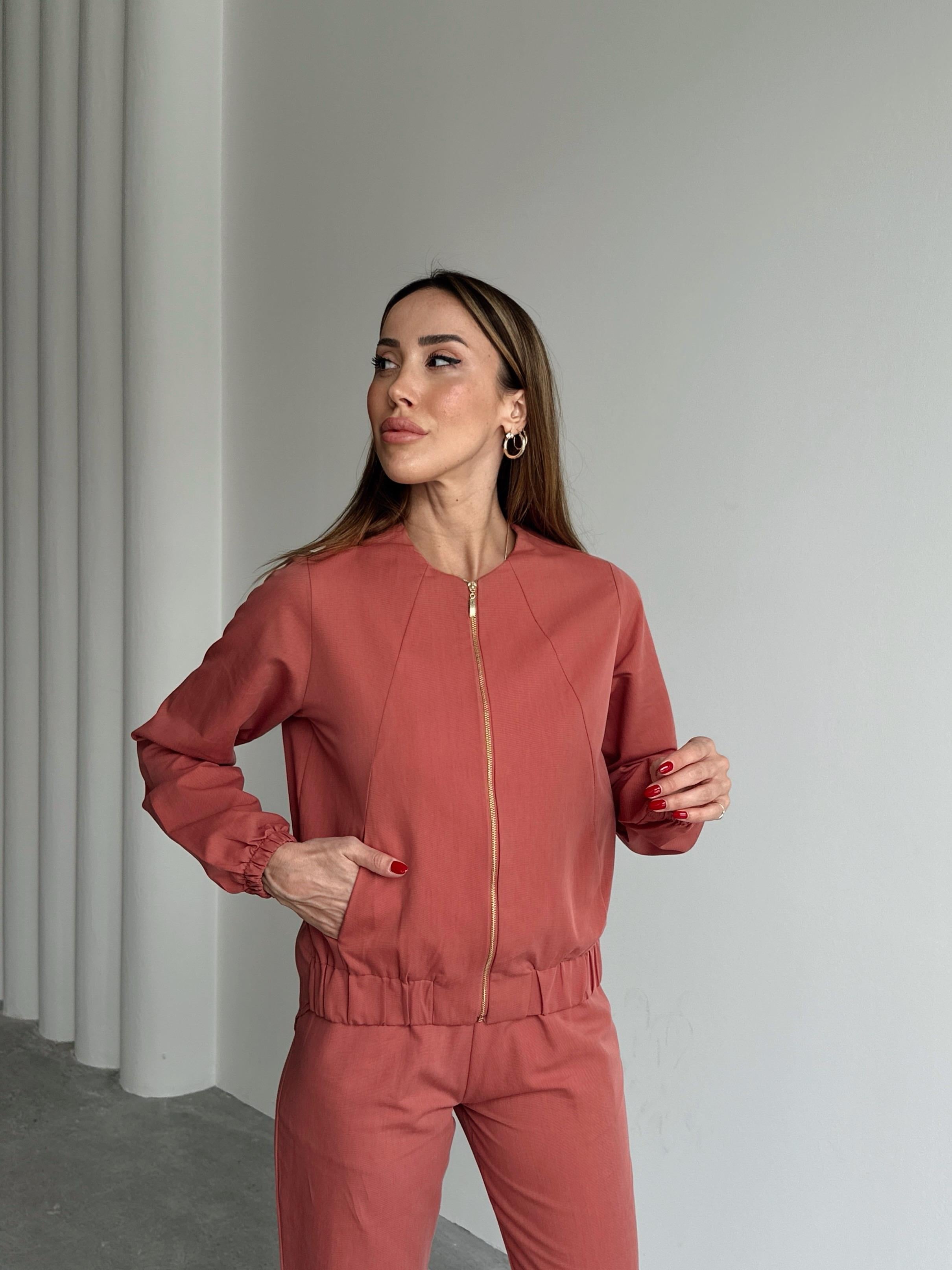 Kadın Fermuarlı Ceket Pantolon Alt-Üst Gül Kurusu Takım