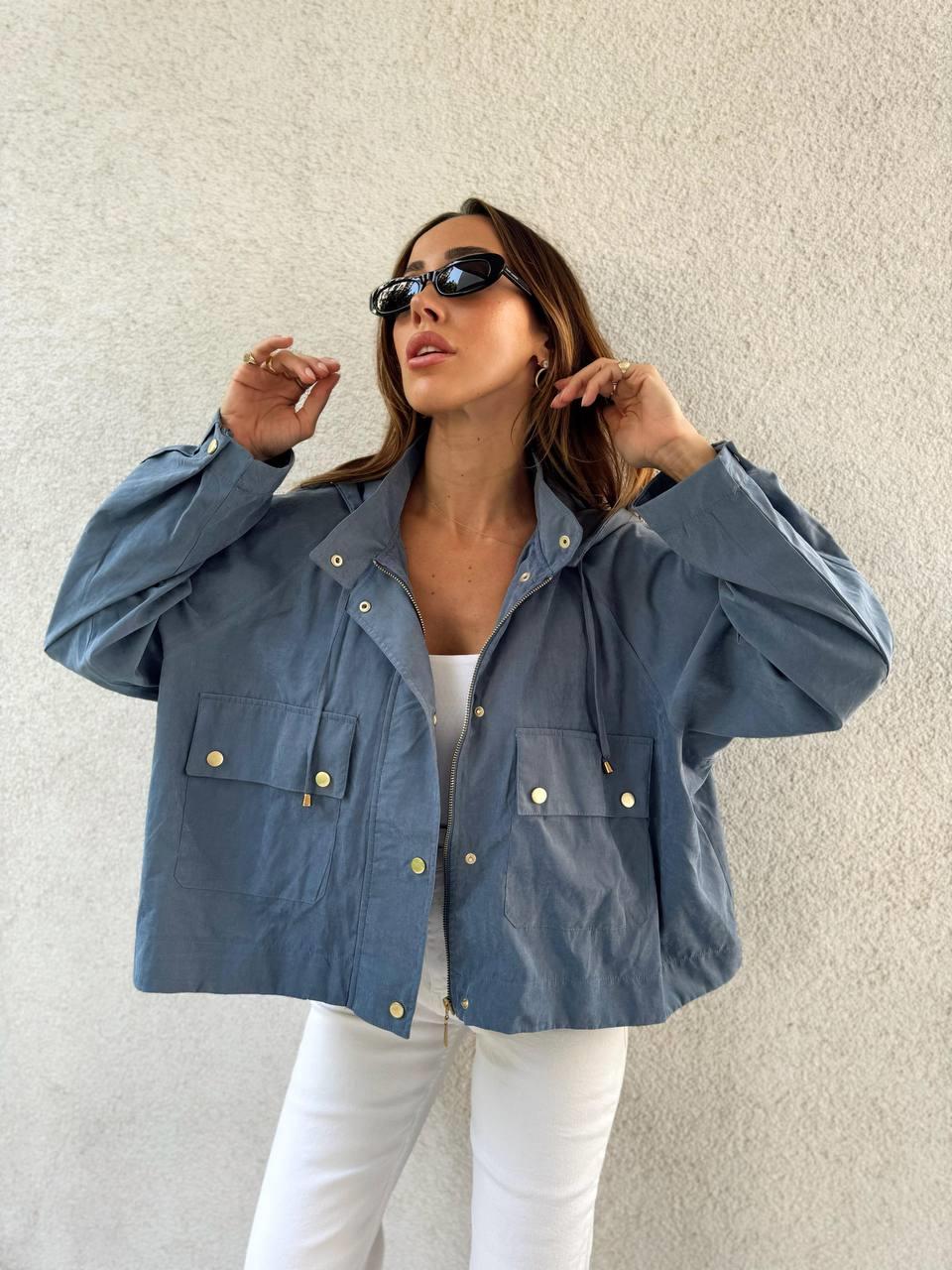 Kadın Kapüşonlu Oversize Bomber Mavi Trençkot