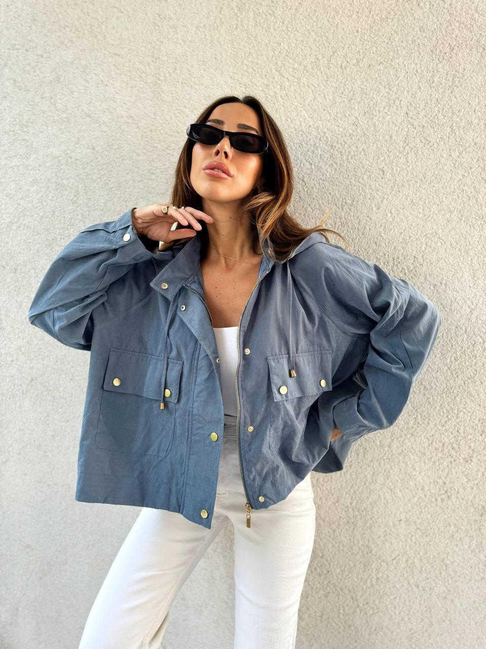 Kadın Kapüşonlu Oversize Bomber Mavi Trençkot