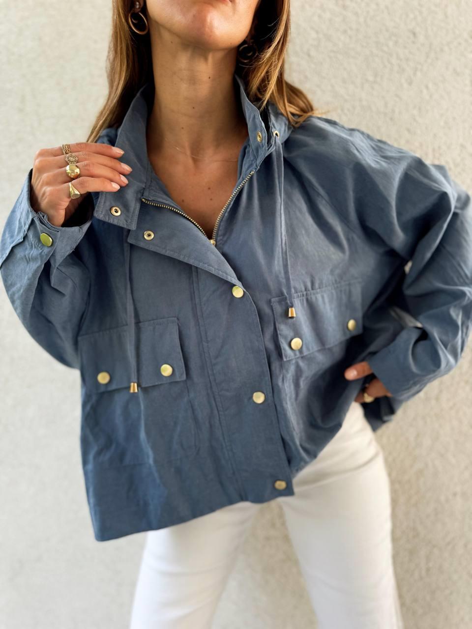 Kadın Kapüşonlu Oversize Bomber Mavi Trençkot
