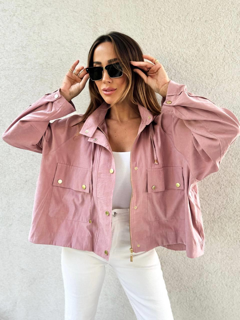 Kadın Kapüşonlu Oversize Bomber Pudra Trençkot