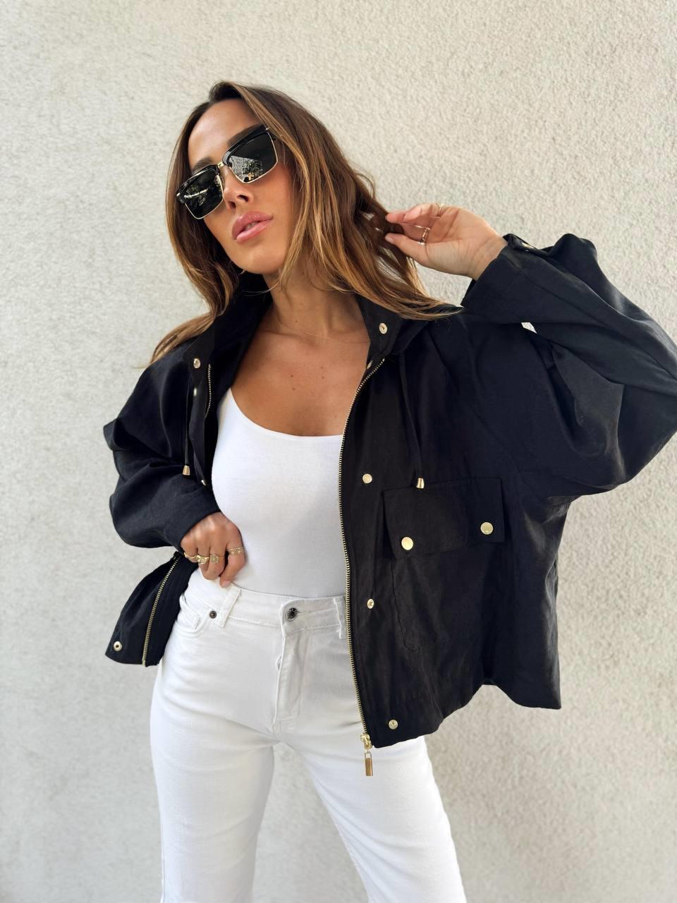 Kadın Kapüşonlu Oversize Bomber Siyah Trençkot