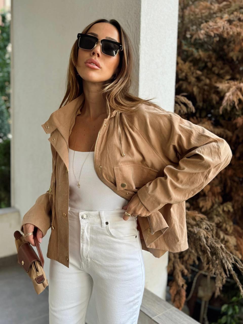 Kadın Kapüşonlu Oversize Bomber Sütlü Kahve Trençkot