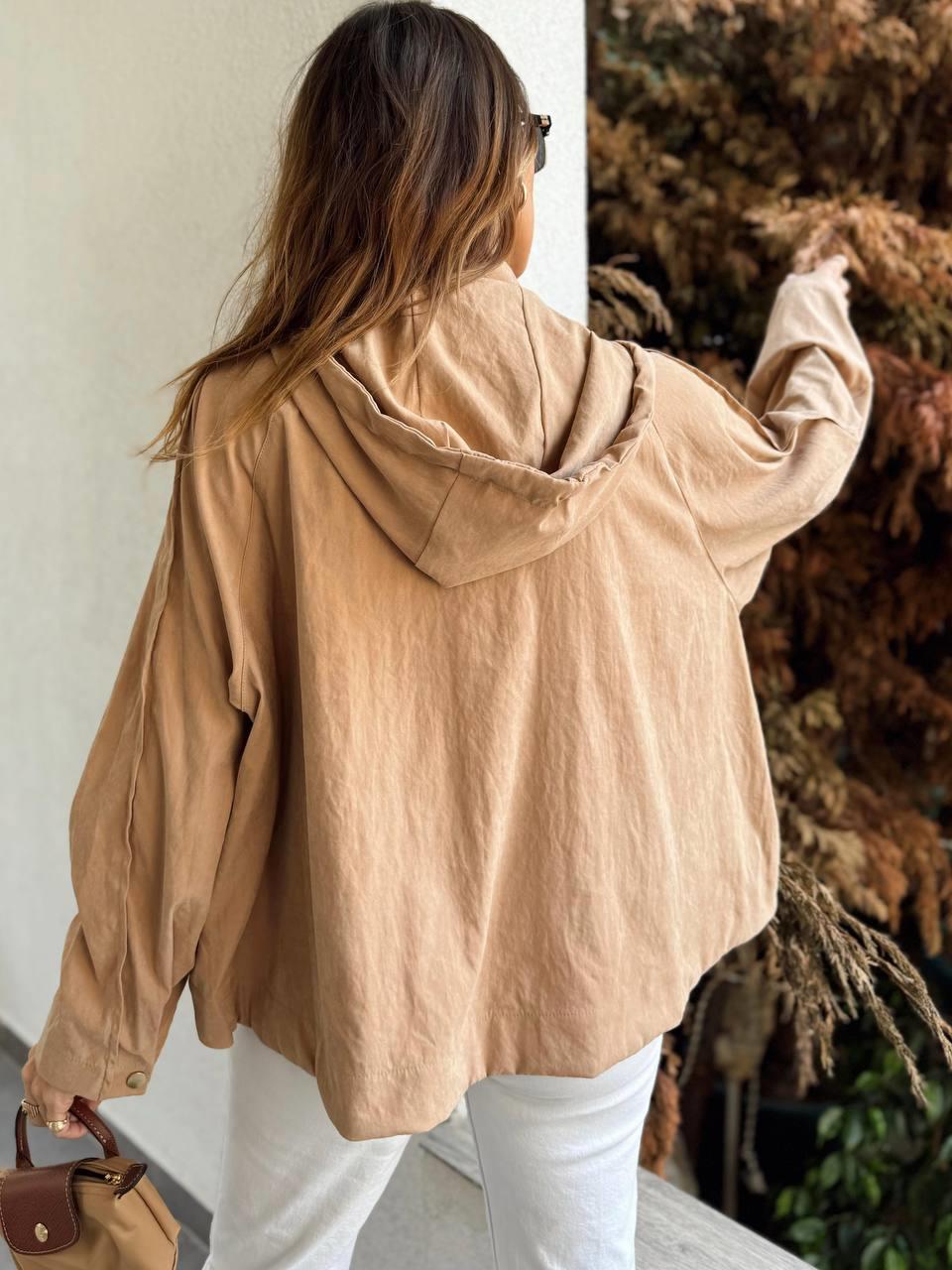 Kadın Kapüşonlu Oversize Bomber Sütlü Kahve Trençkot