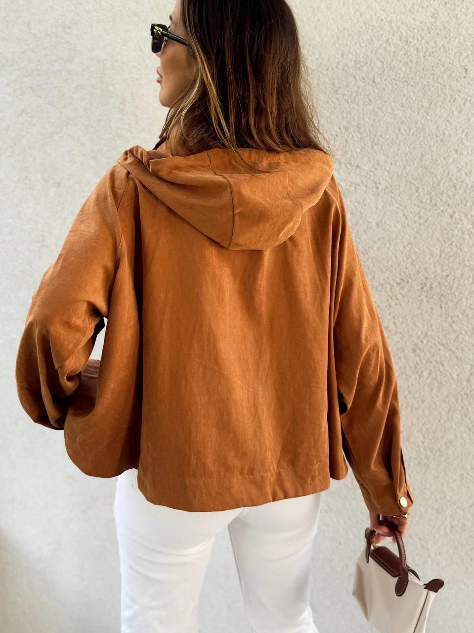 Kadın Kapüşonlu Oversize Bomber Taba Trençkot