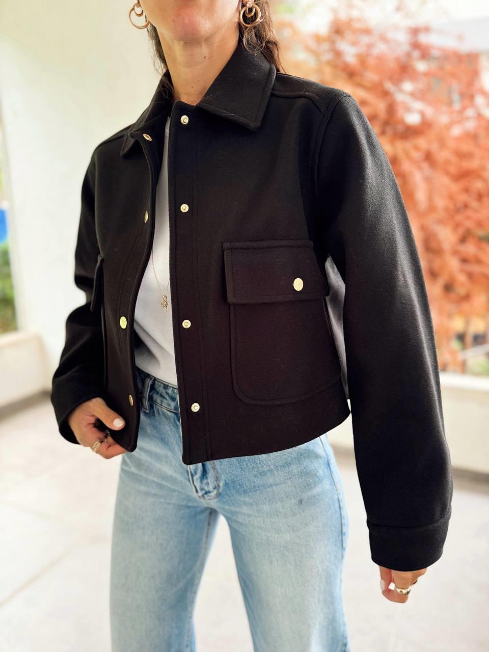Kadın Kaşe Kumaş Cepli Siyah Bomber Ceket