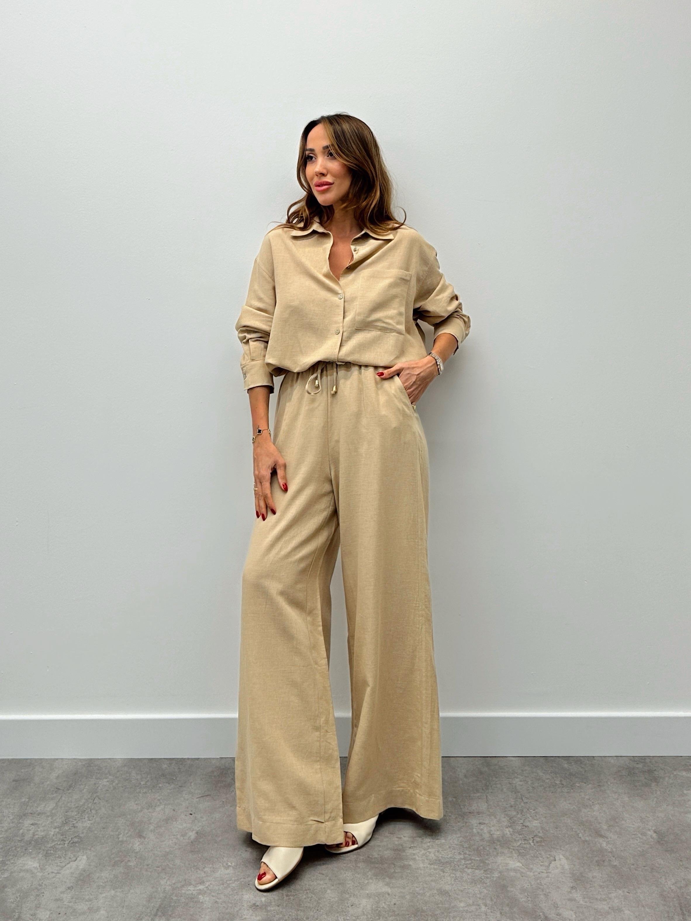 Kadın Keten Pantolon Gömlek Taş Takım