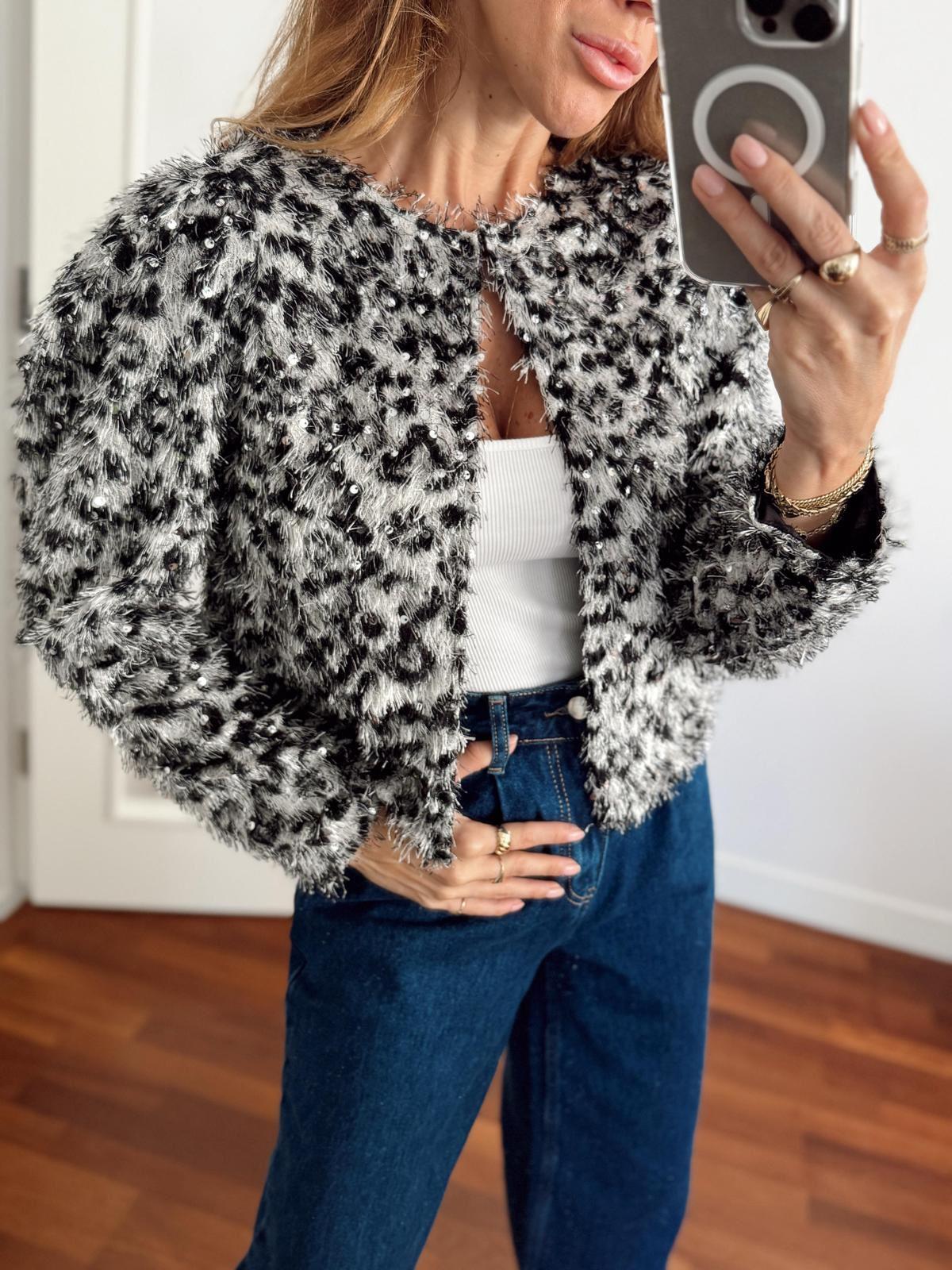 Kadın Leopar Tüylü Pul Silver Ceket 1400