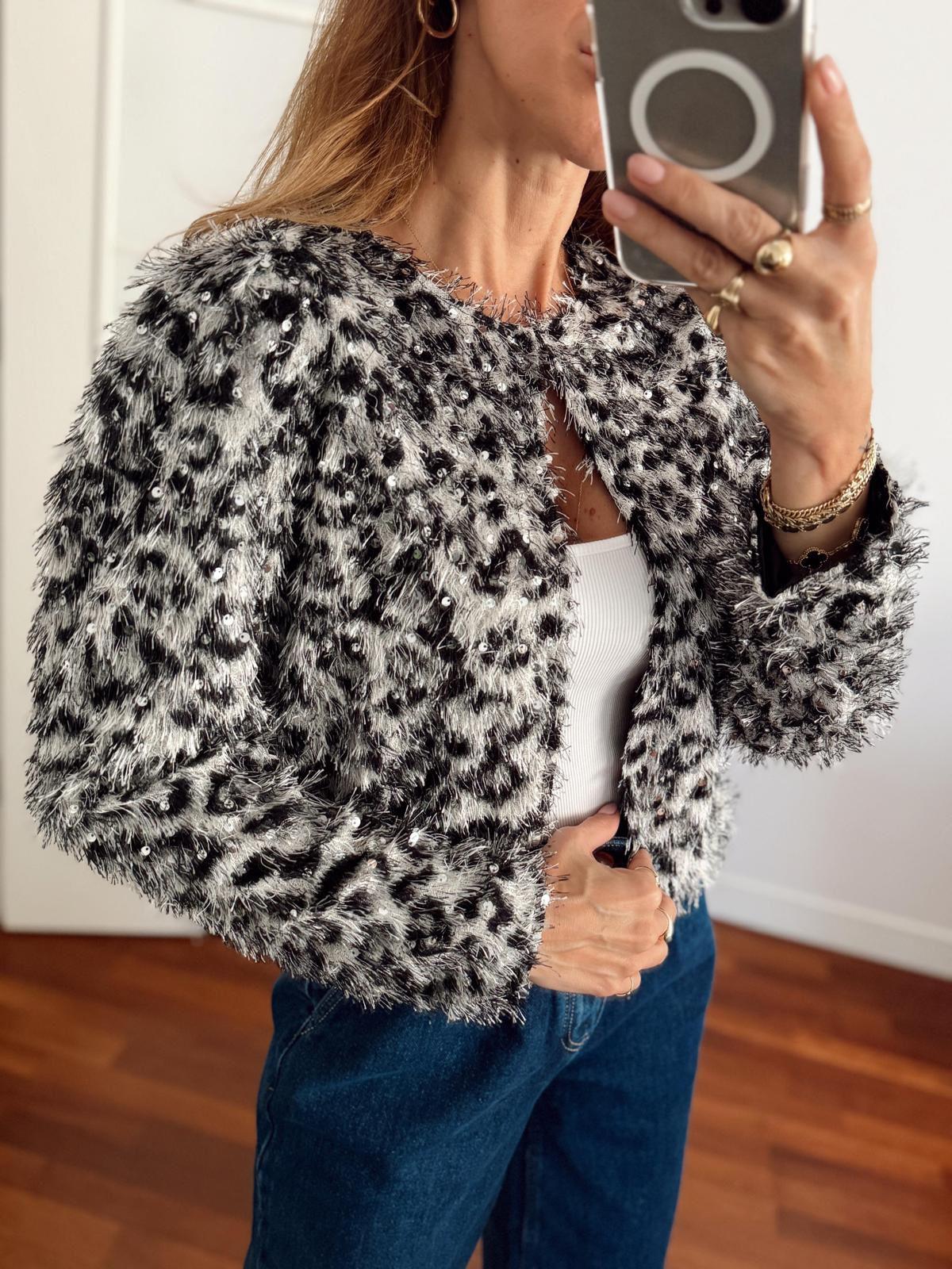 Kadın Leopar Tüylü Pul Silver Ceket 1400
