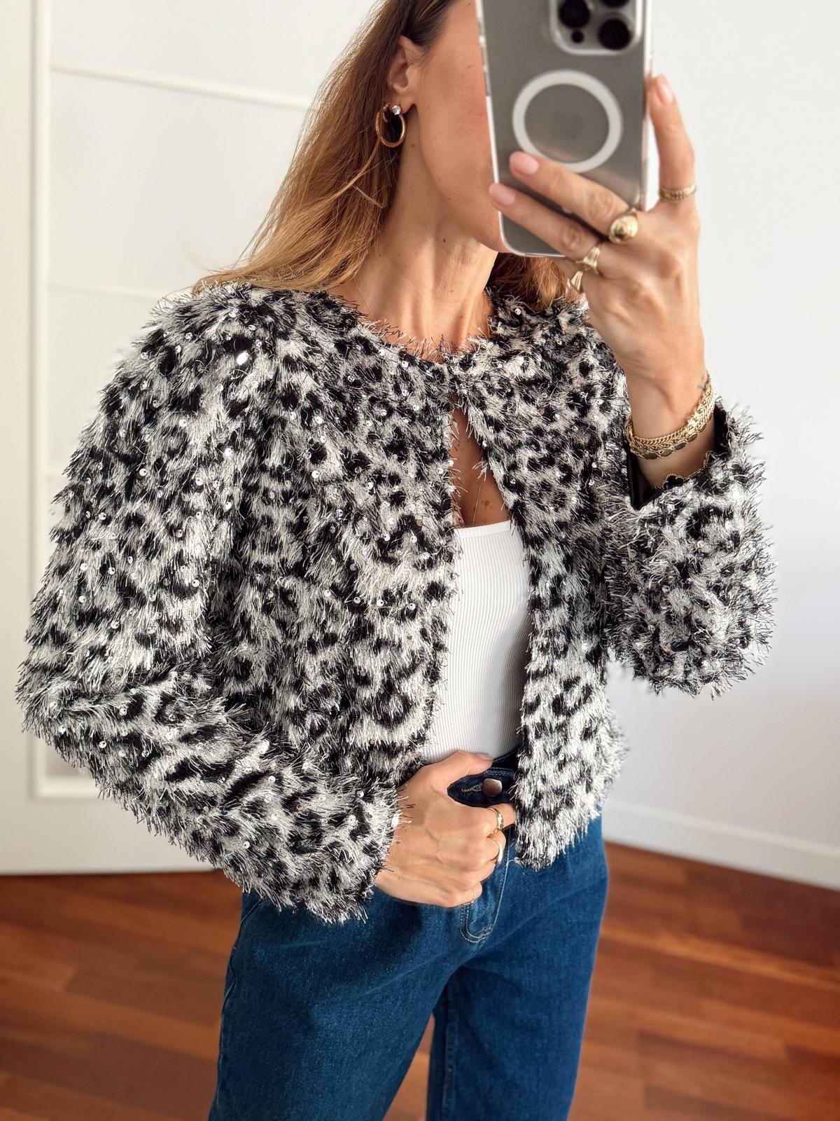 Kadın Leopar Tüylü Pul Silver Ceket 1400
