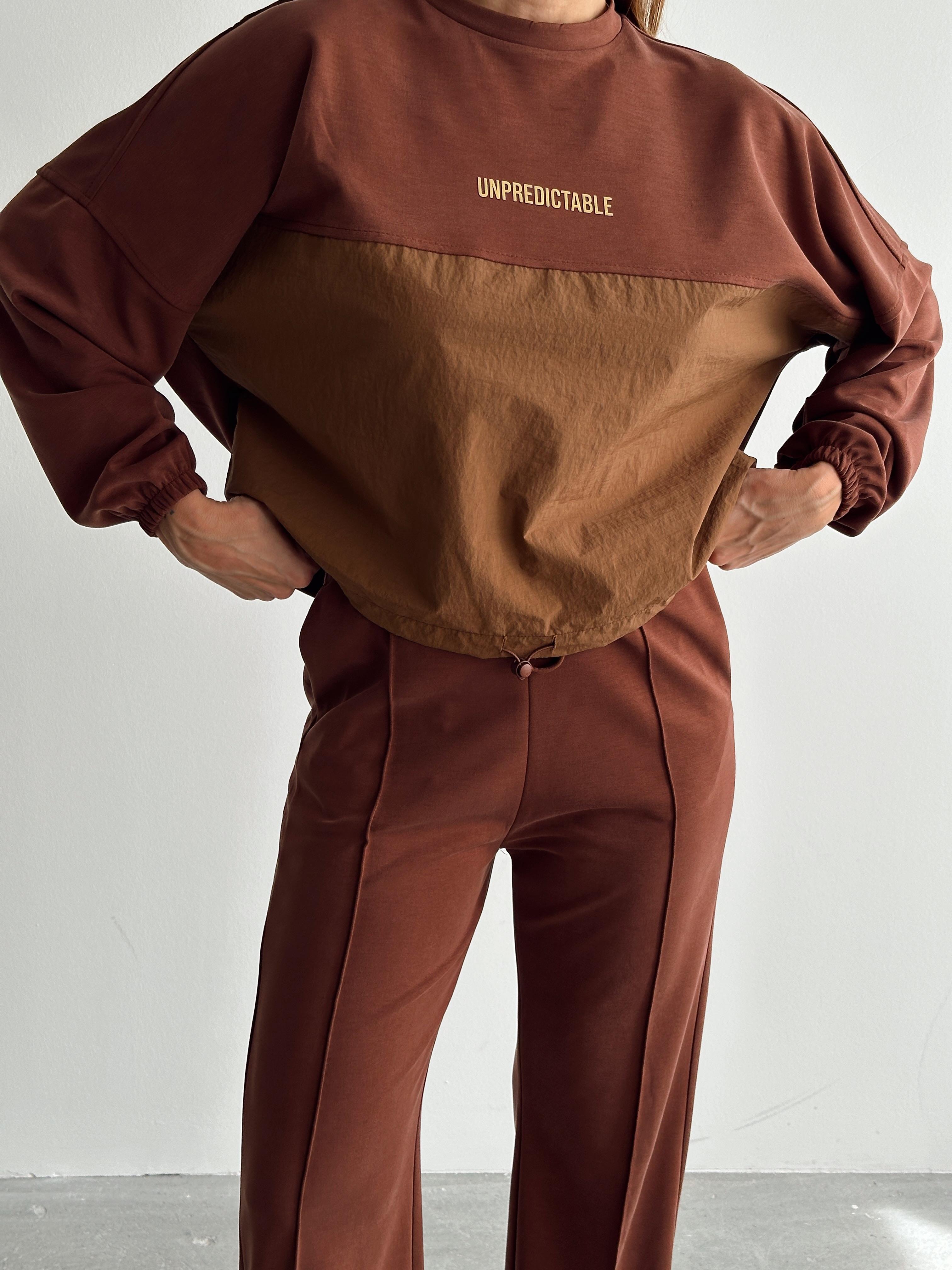 Kadın Paraşüt Detay Sweat Pantolon Kahverengi Modal Takım