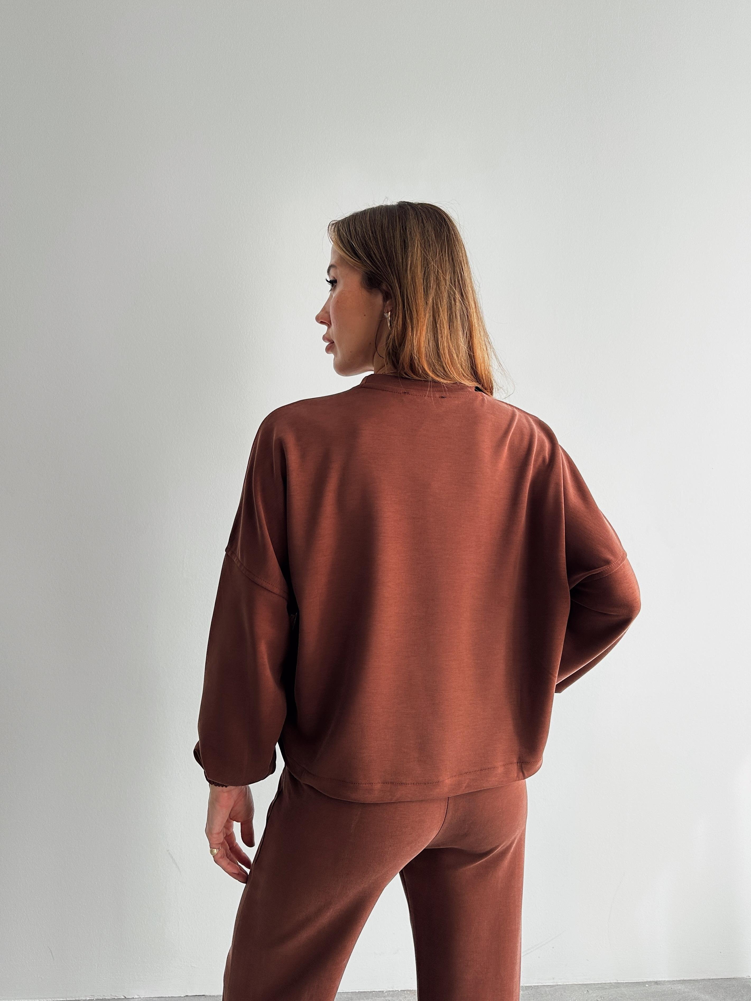 Kadın Paraşüt Detay Sweat Pantolon Kahverengi Modal Takım