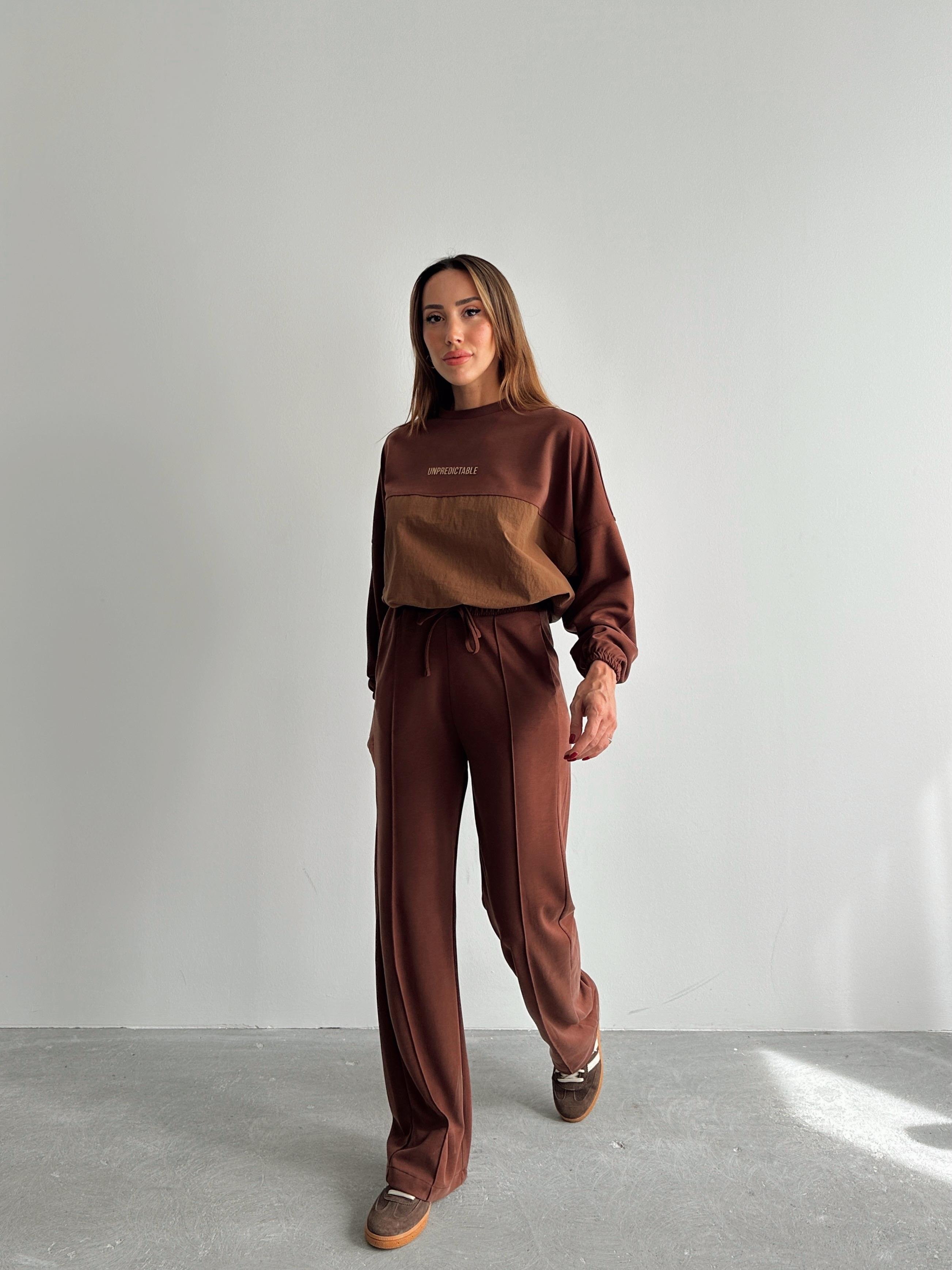 Kadın Paraşüt Detay Sweat Pantolon Kahverengi Modal Takım