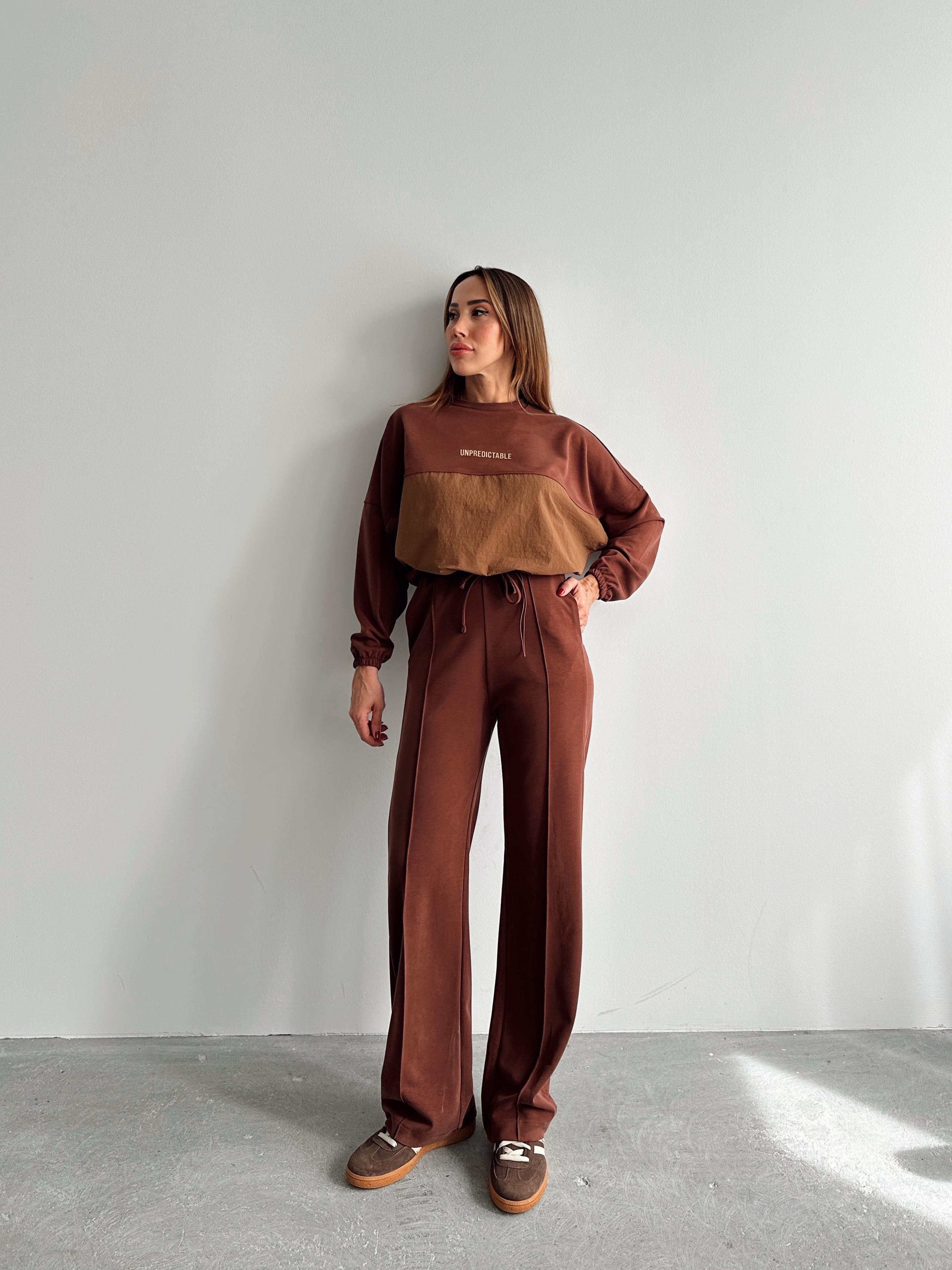 Kadın Paraşüt Detay Sweat Pantolon Kahverengi Modal Takım