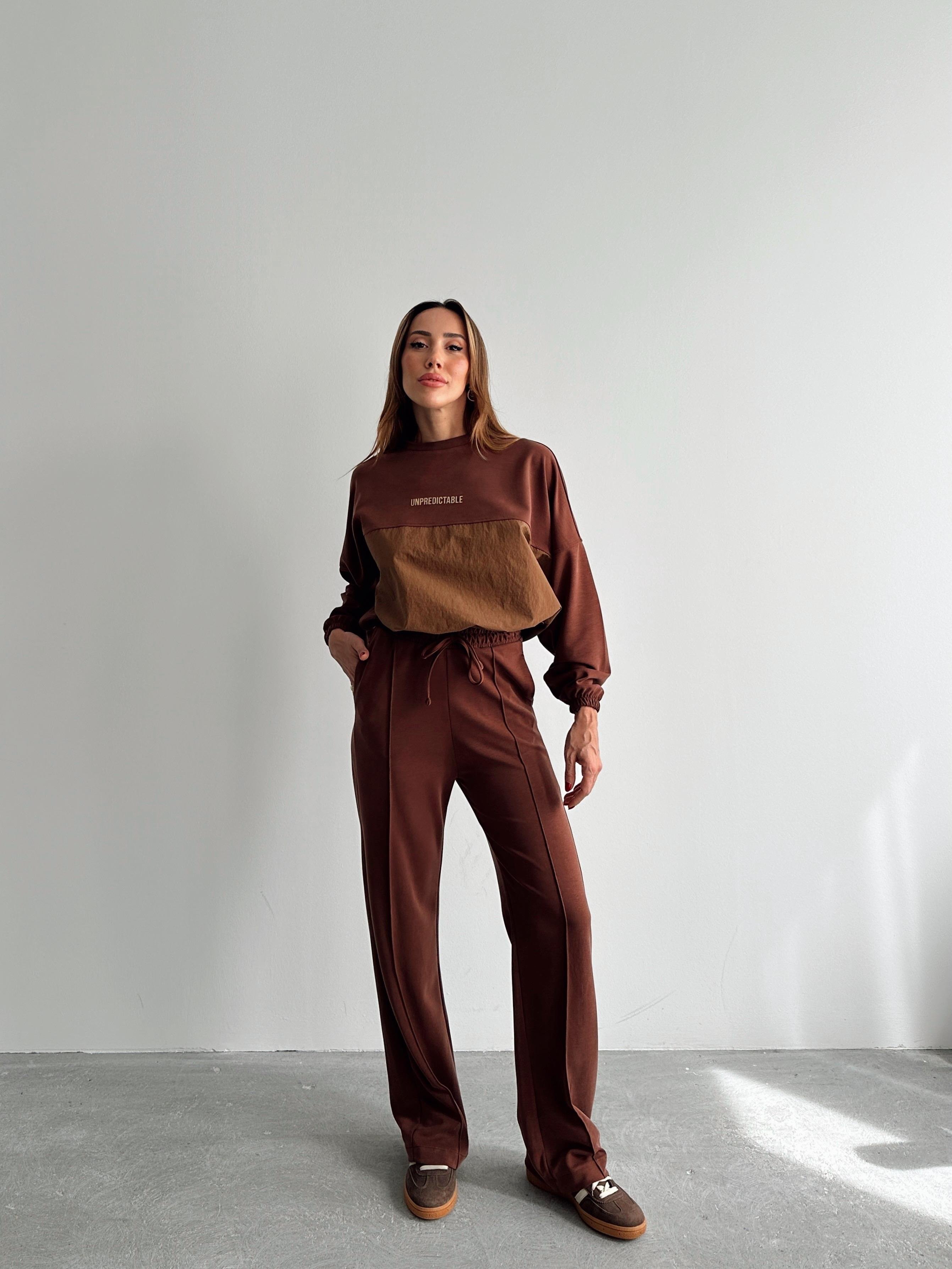 Kadın Paraşüt Detay Sweat Pantolon Kahverengi Modal Takım
