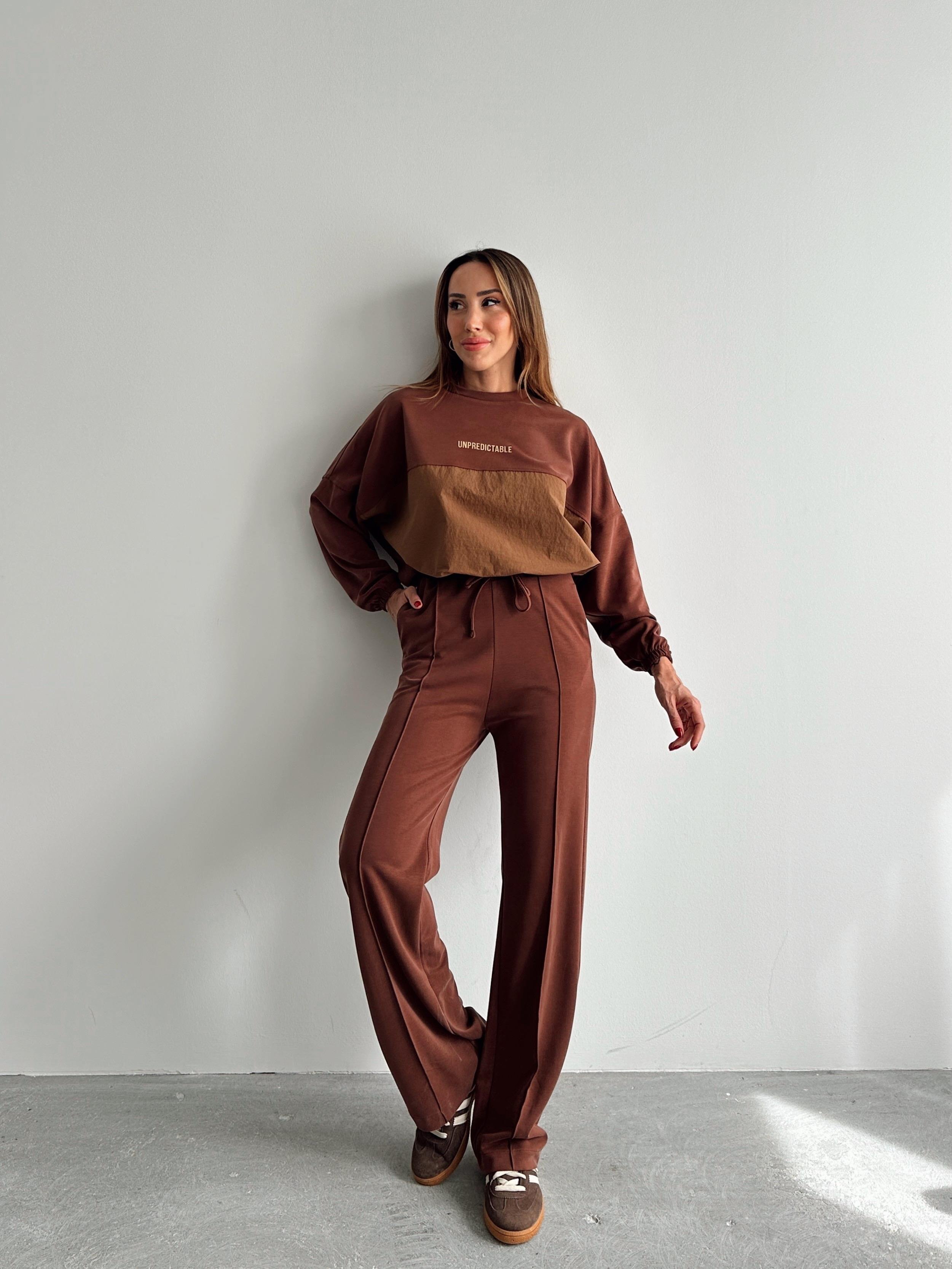 Kadın Paraşüt Detay Sweat Pantolon Kahverengi Modal Takım
