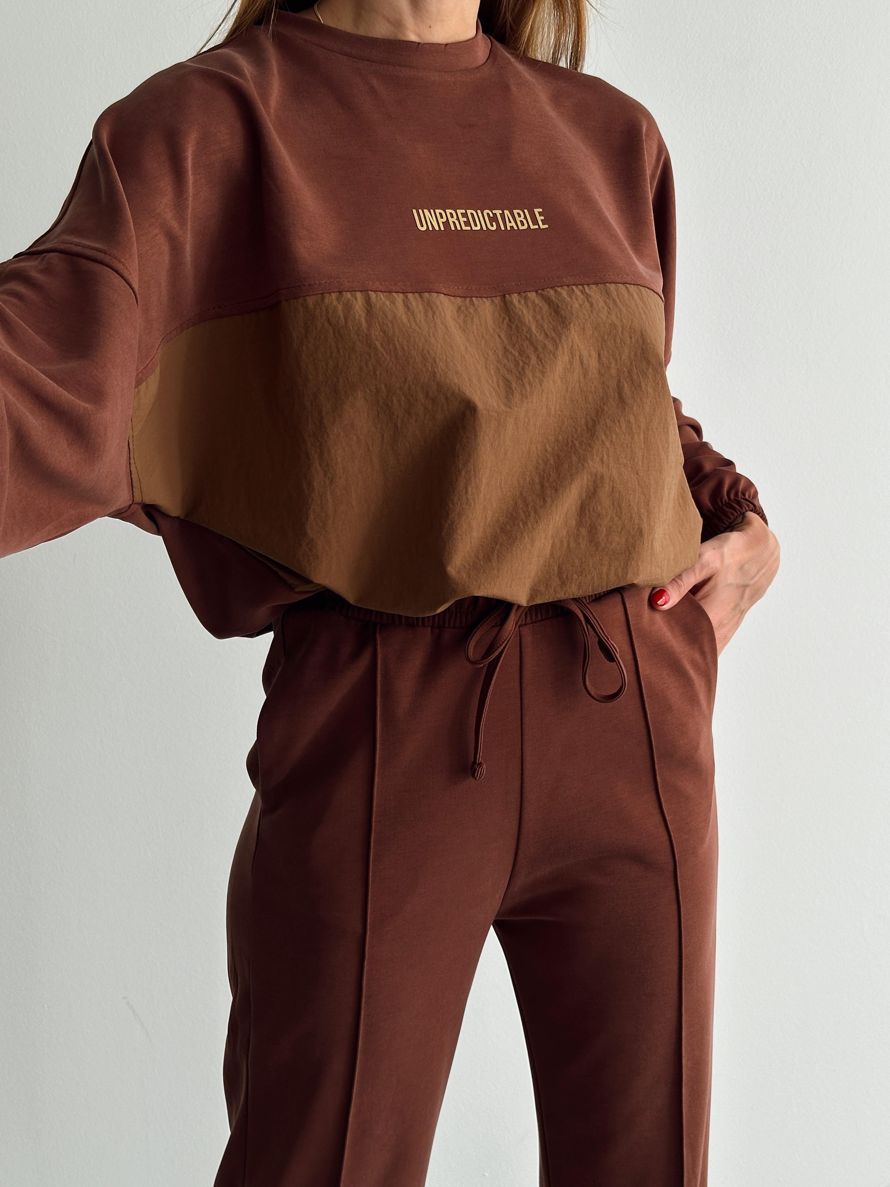 Kadın Paraşüt Detay Sweat Pantolon Kahverengi Modal Takım