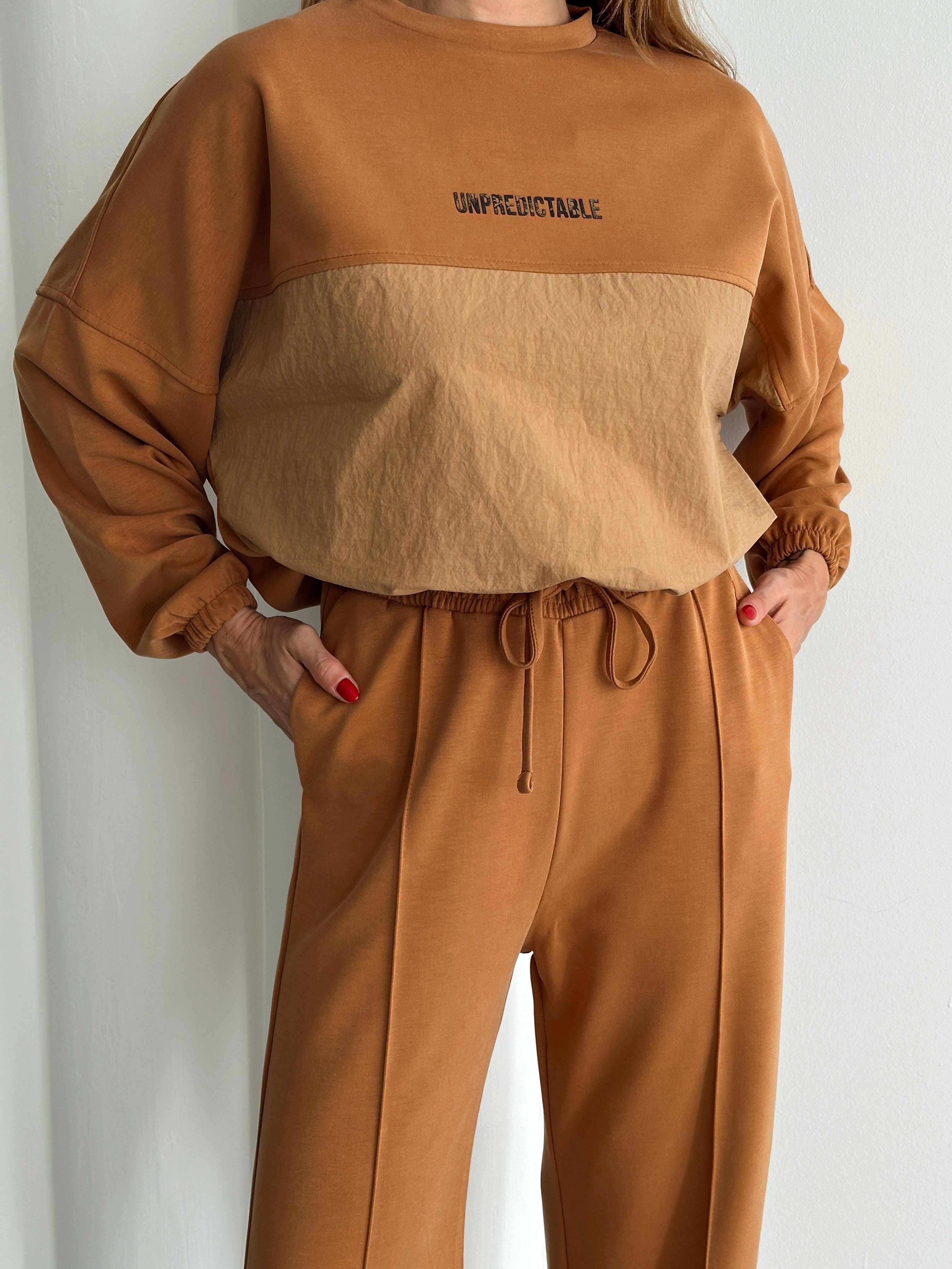 Kadın Paraşüt Detay Sweat Pantolon Sütlü Kahve Modal Takım