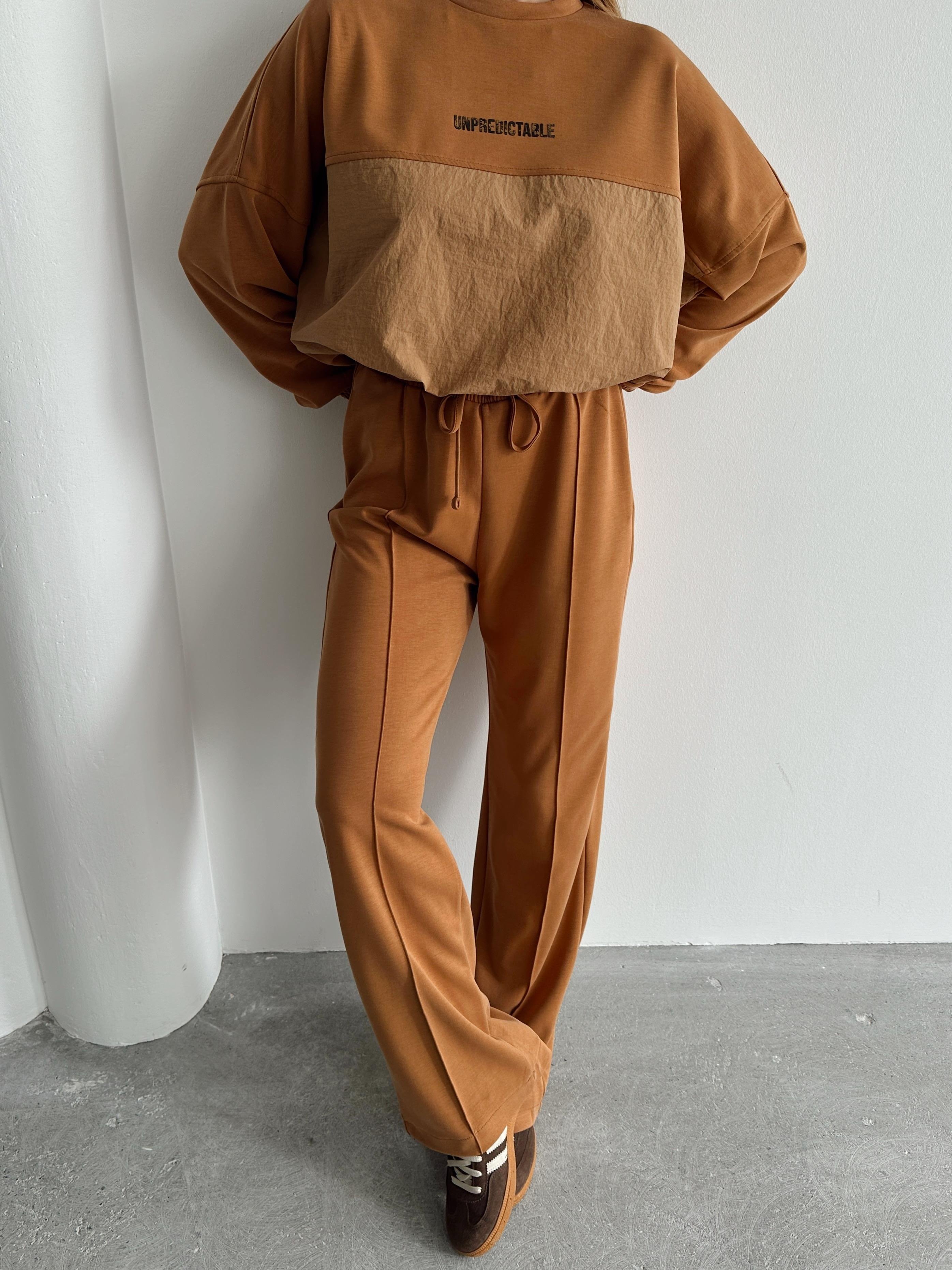 Kadın Paraşüt Detay Sweat Pantolon Sütlü Kahve Modal Takım