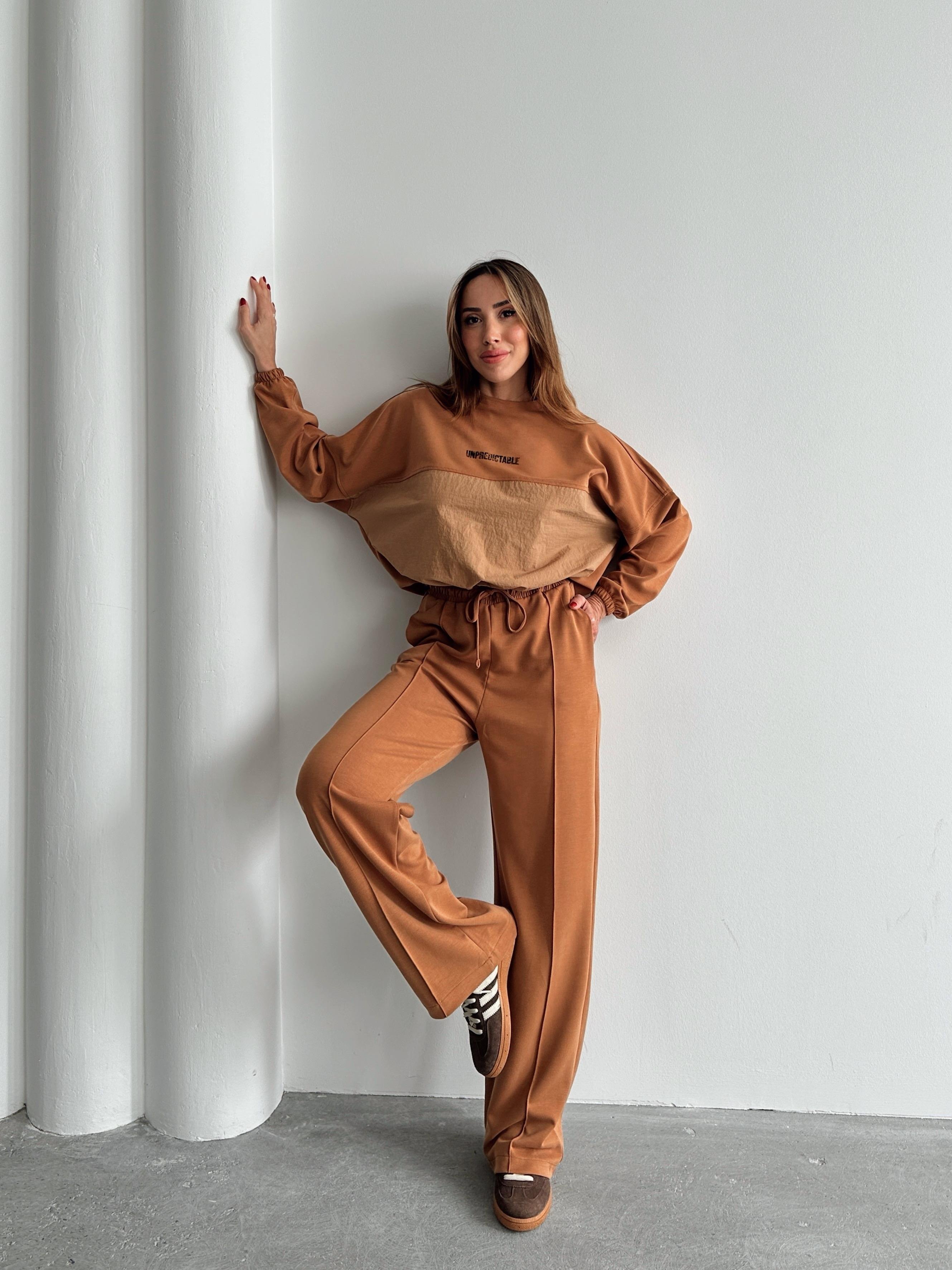 Kadın Paraşüt Detay Sweat Pantolon Sütlü Kahve Modal Takım