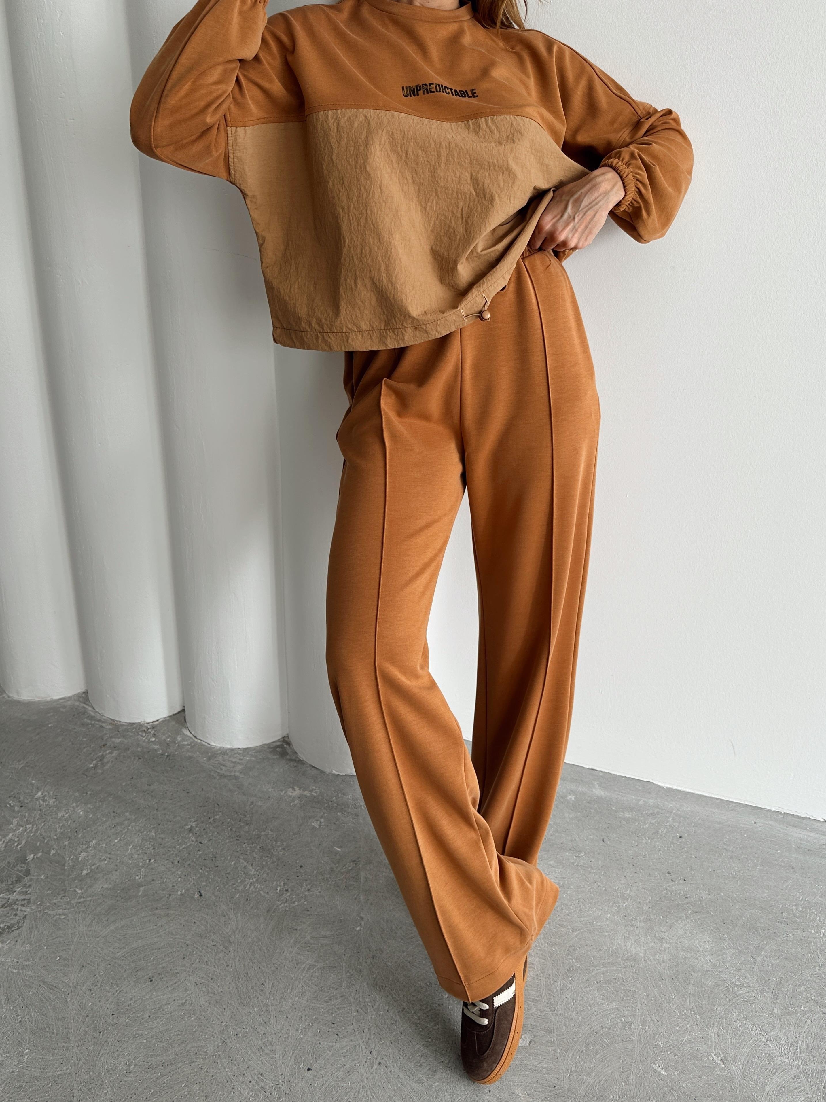 Kadın Paraşüt Detay Sweat Pantolon Sütlü Kahve Modal Takım