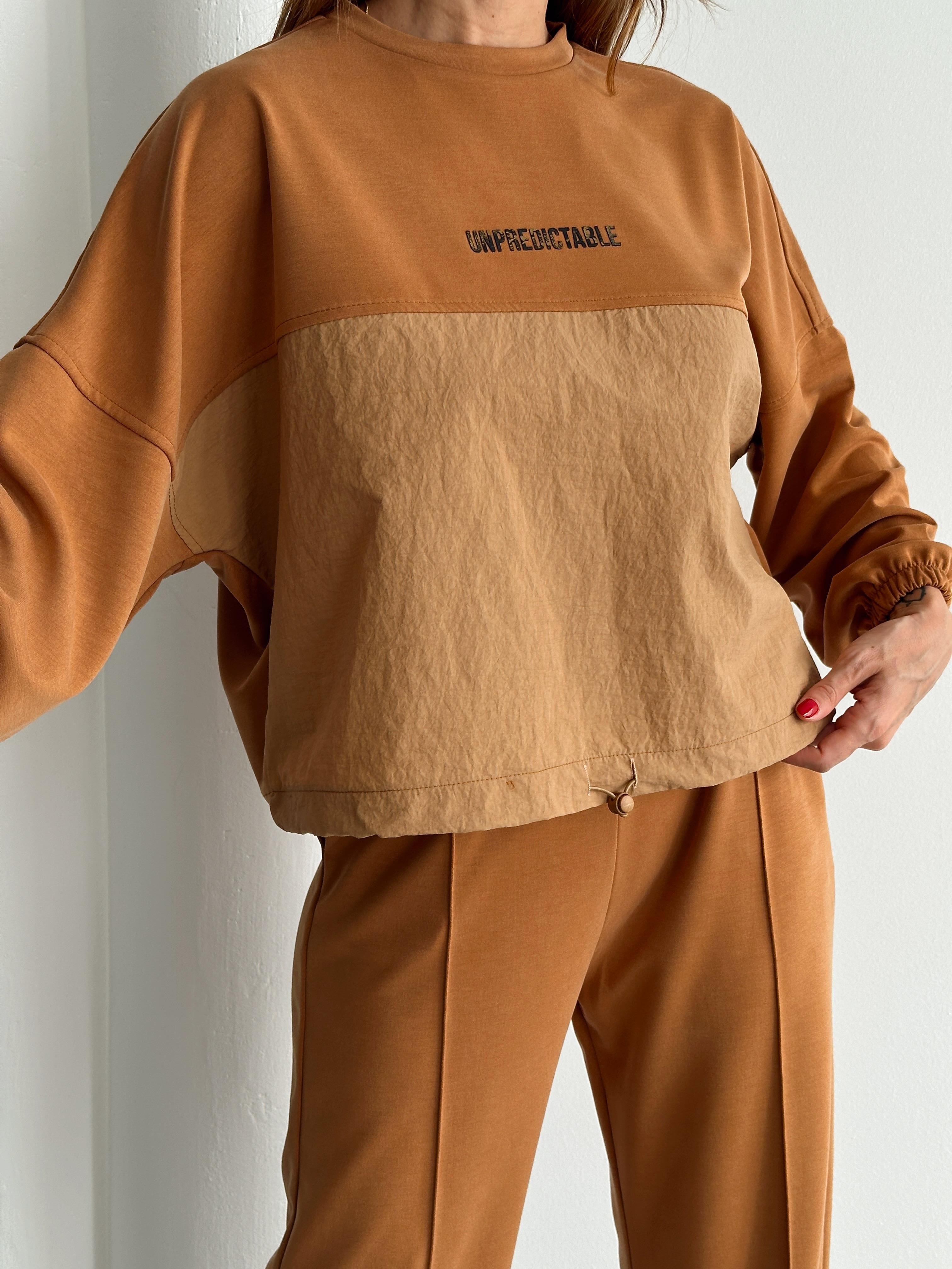 Kadın Paraşüt Detay Sweat Pantolon Sütlü Kahve Modal Takım